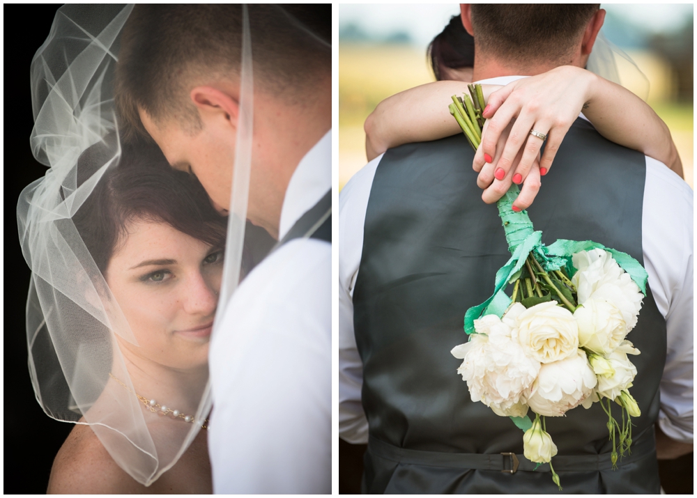 bride and groom portrait through veil and bouquet