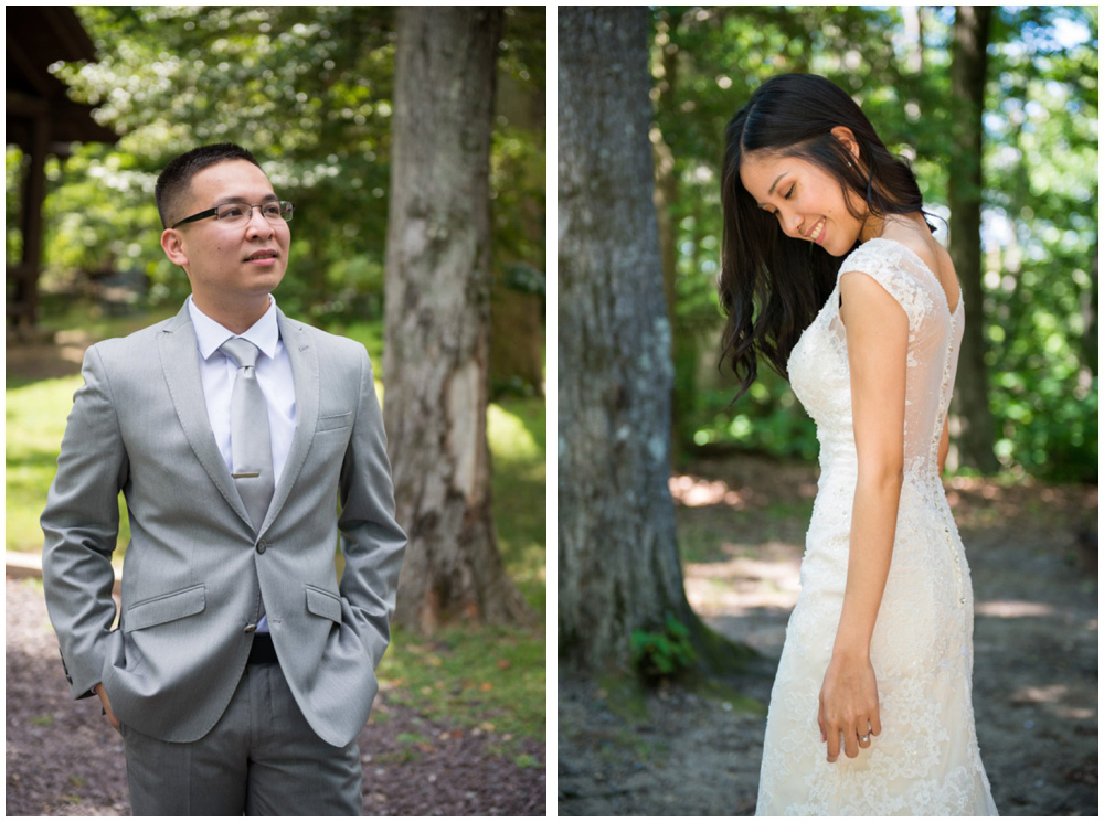 bride and groom at rustic cabin westmoreland state park virgina wedding