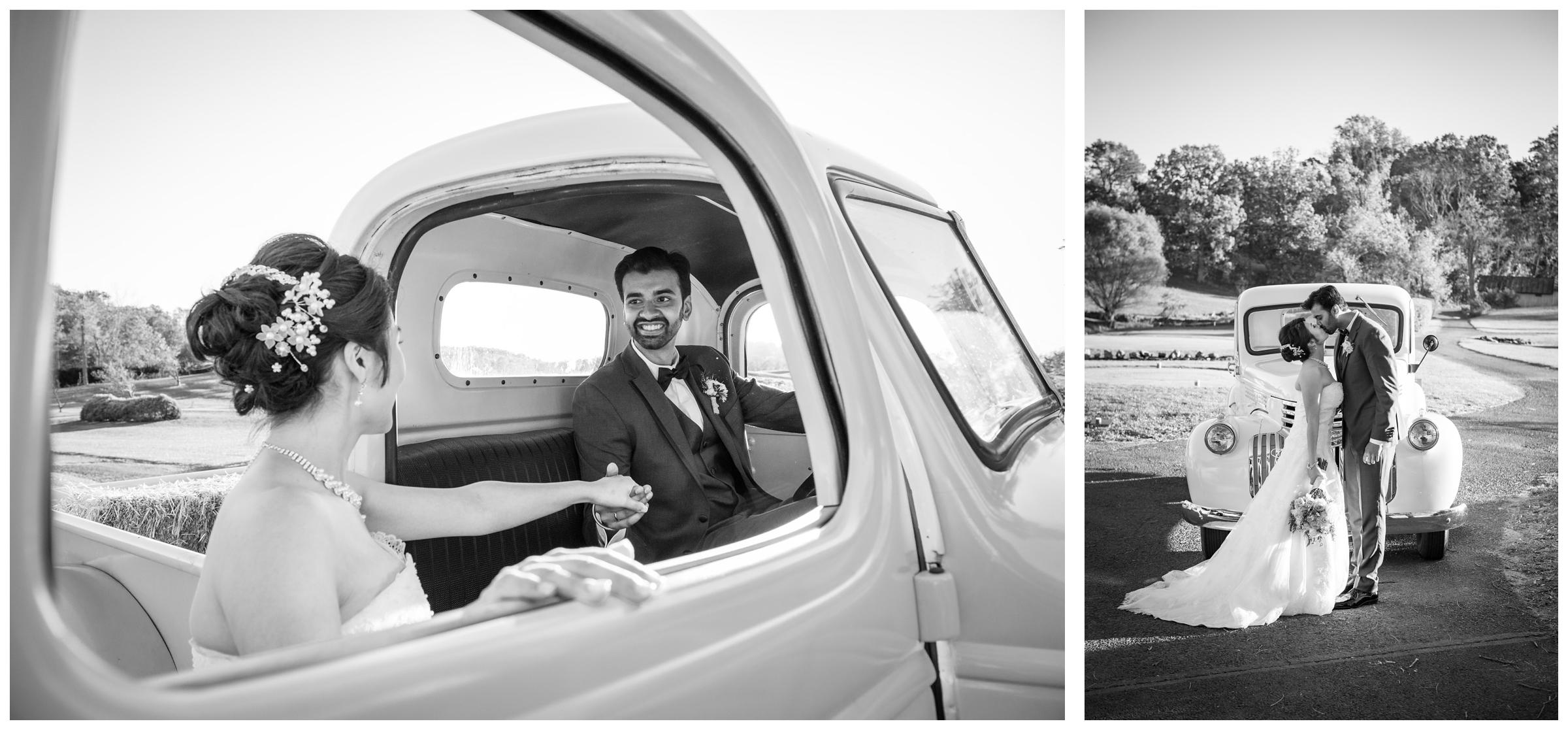 Bride and groom with vintage truck during rustic fall wedding in Northern Virginia.