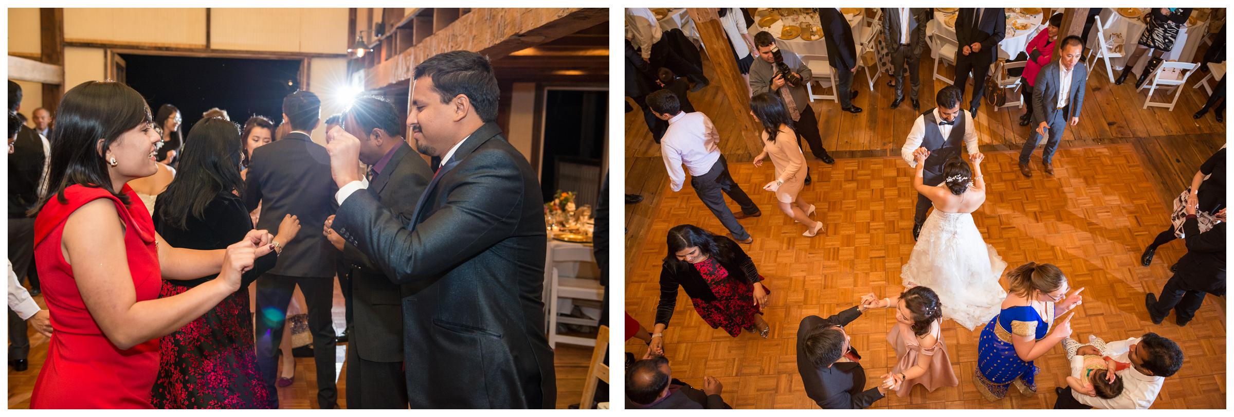 Bride and groom dancing during their rustic barn wedding reception at Stoneleigh Golf Club.