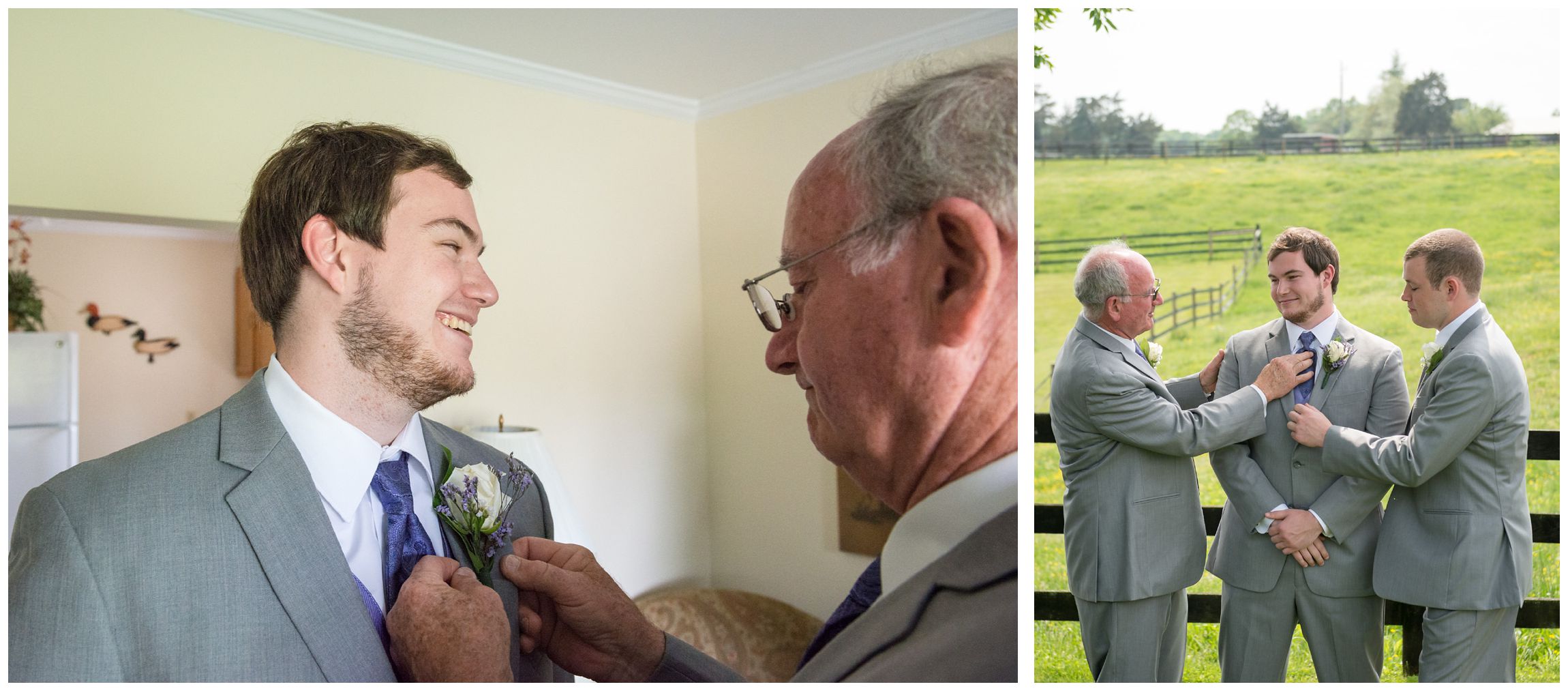 groom's dad and groomsmen help groom get dressed