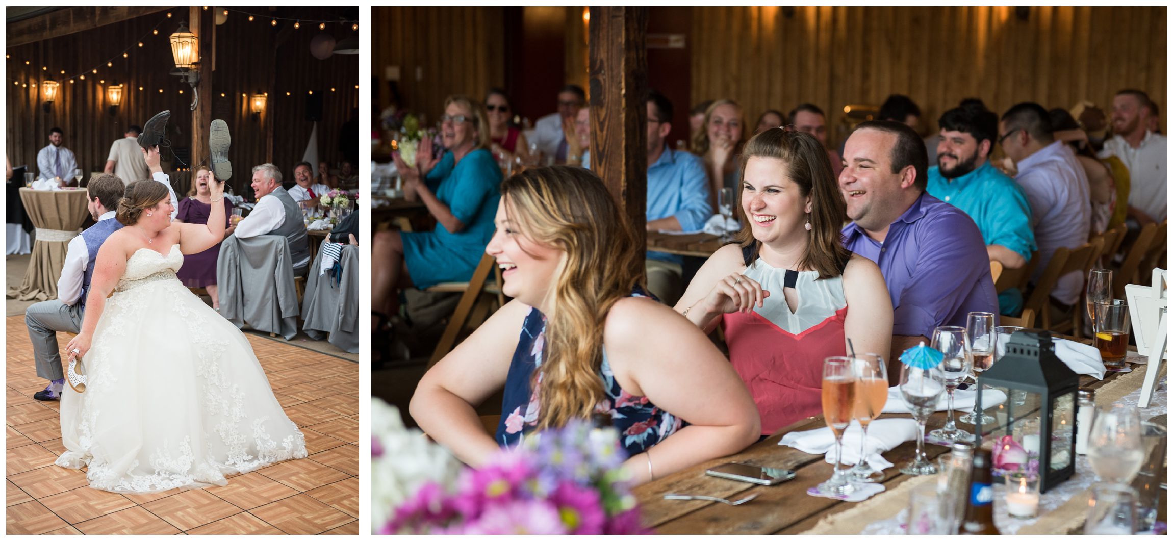 bride and groom play shoe game at barn wedding reception at Wolftrap Farm in Virginia