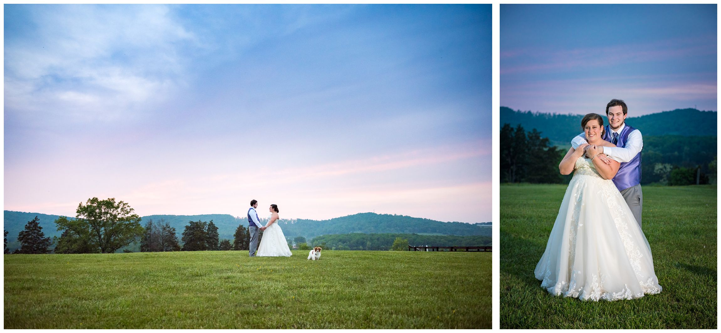 bride and groom at sunset in the mountains after rustic Virginia wedding at Wolftrap Farm