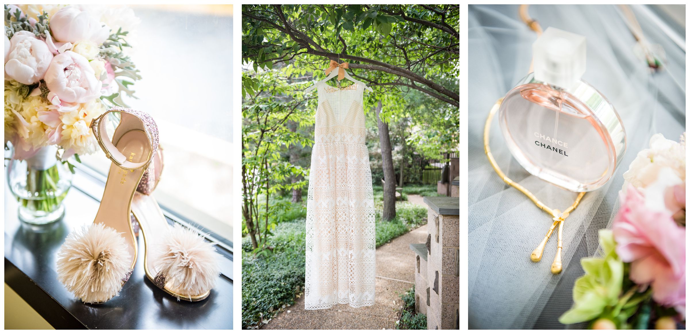 BHLDN wedding dress and Kate Spade sparkly pom shoes