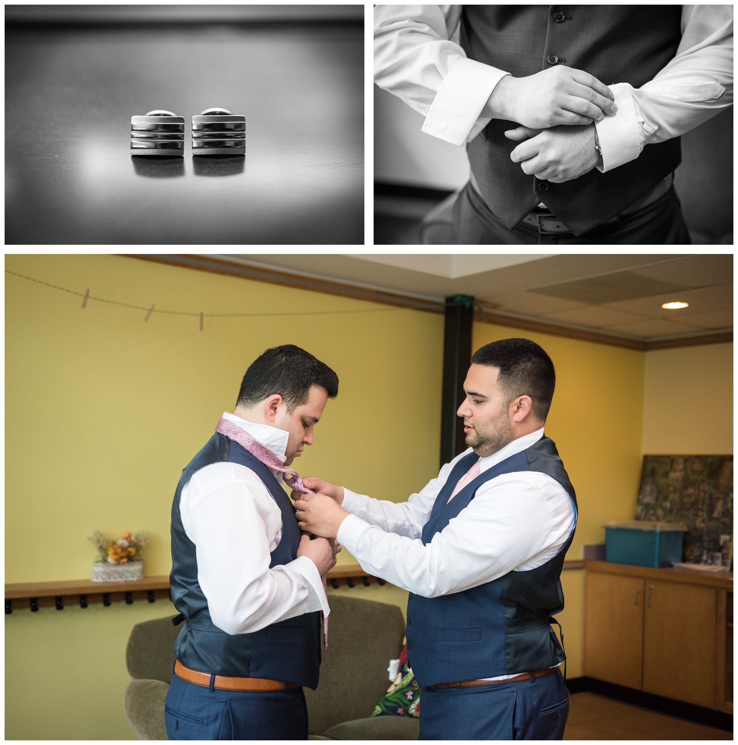 groom getting ready before wedding at the Unitarian Universalist Church in Arlington, Virginia 