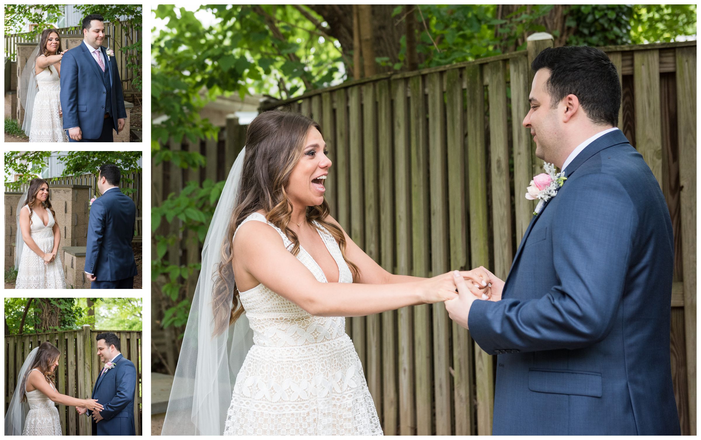 bride and groom sharing first look before wedding at the Unitarian Universalist Church in Arlington, Virginia 