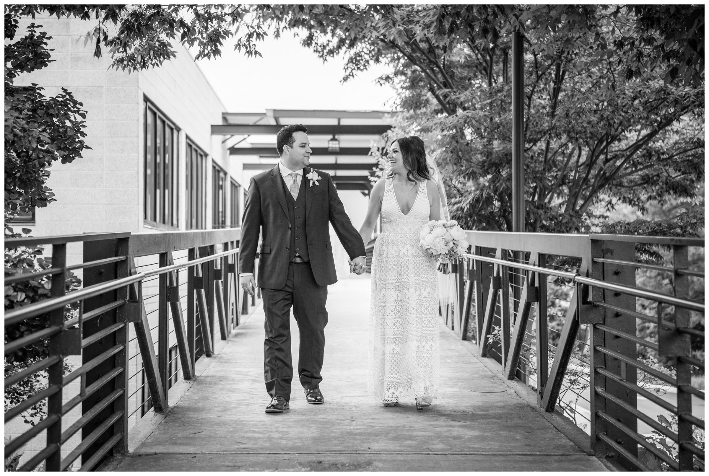 bride and groom exiting church after wedding ceremony at the Unitarian Universalist Church in Arlington, Virginia