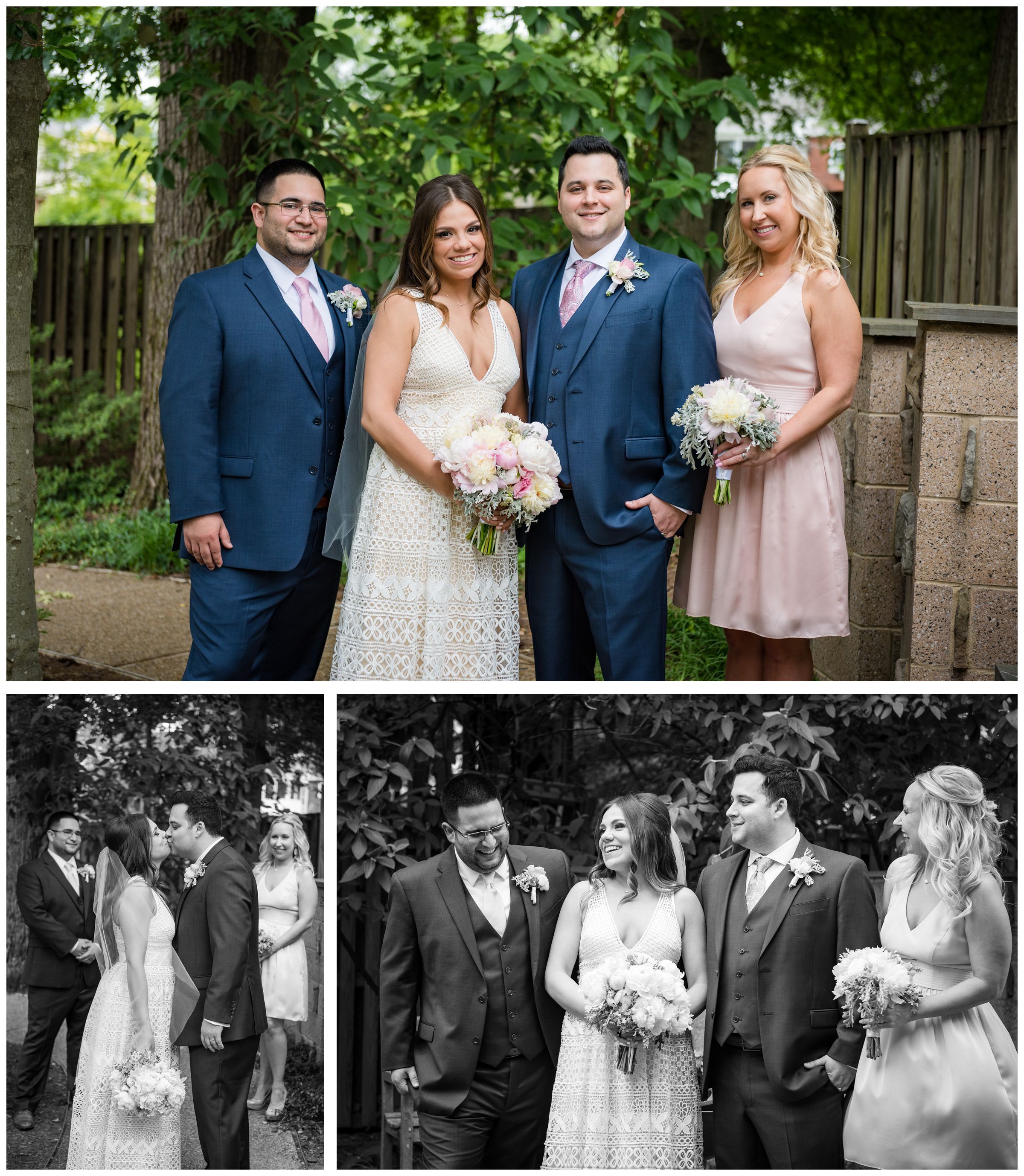 wedding party portraits in garden bride and groom portrait after wedding ceremony at the Unitarian Universalist Church in Arlington, Virginia