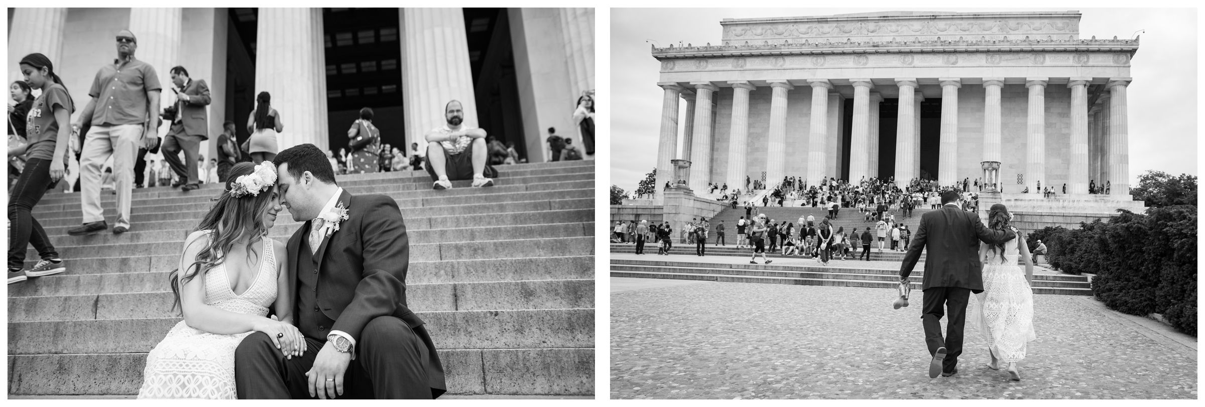 bride and groom portraits at Lincoln Memorial during DC monument wedding day in Washington