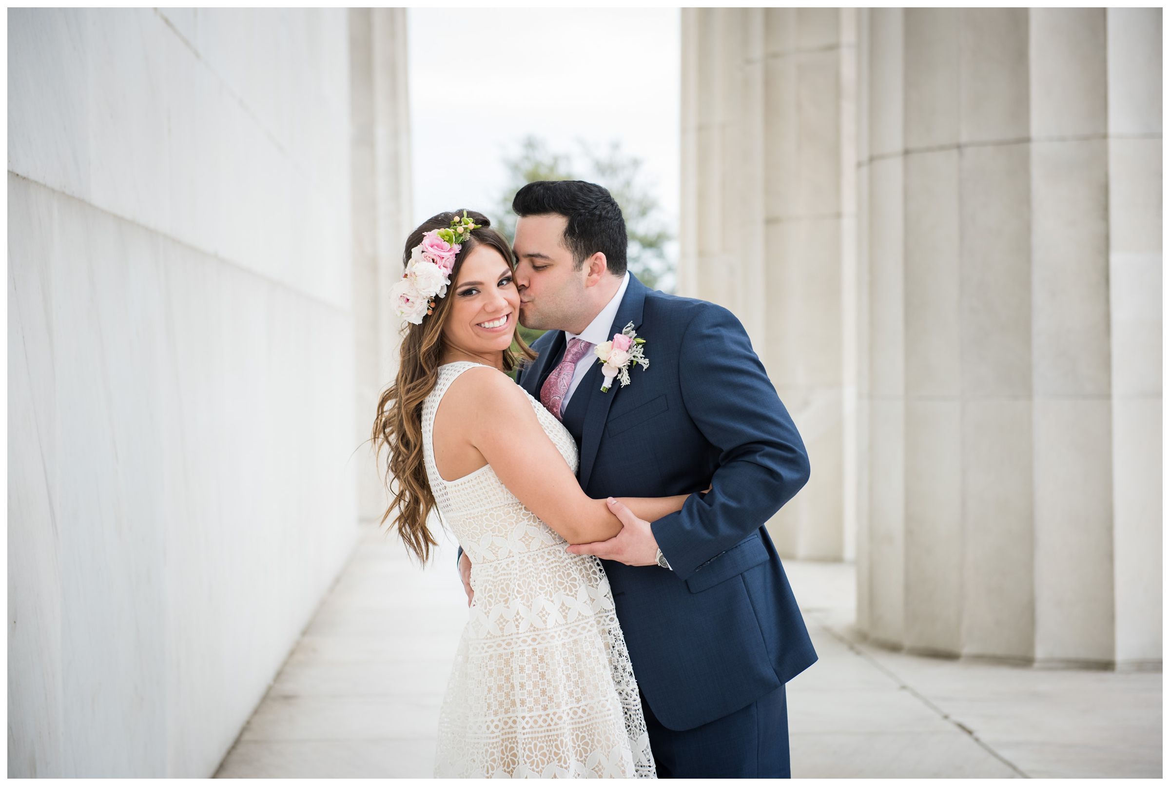 bride and groom portraits at Lincoln Memorial during DC monument wedding day in Washington