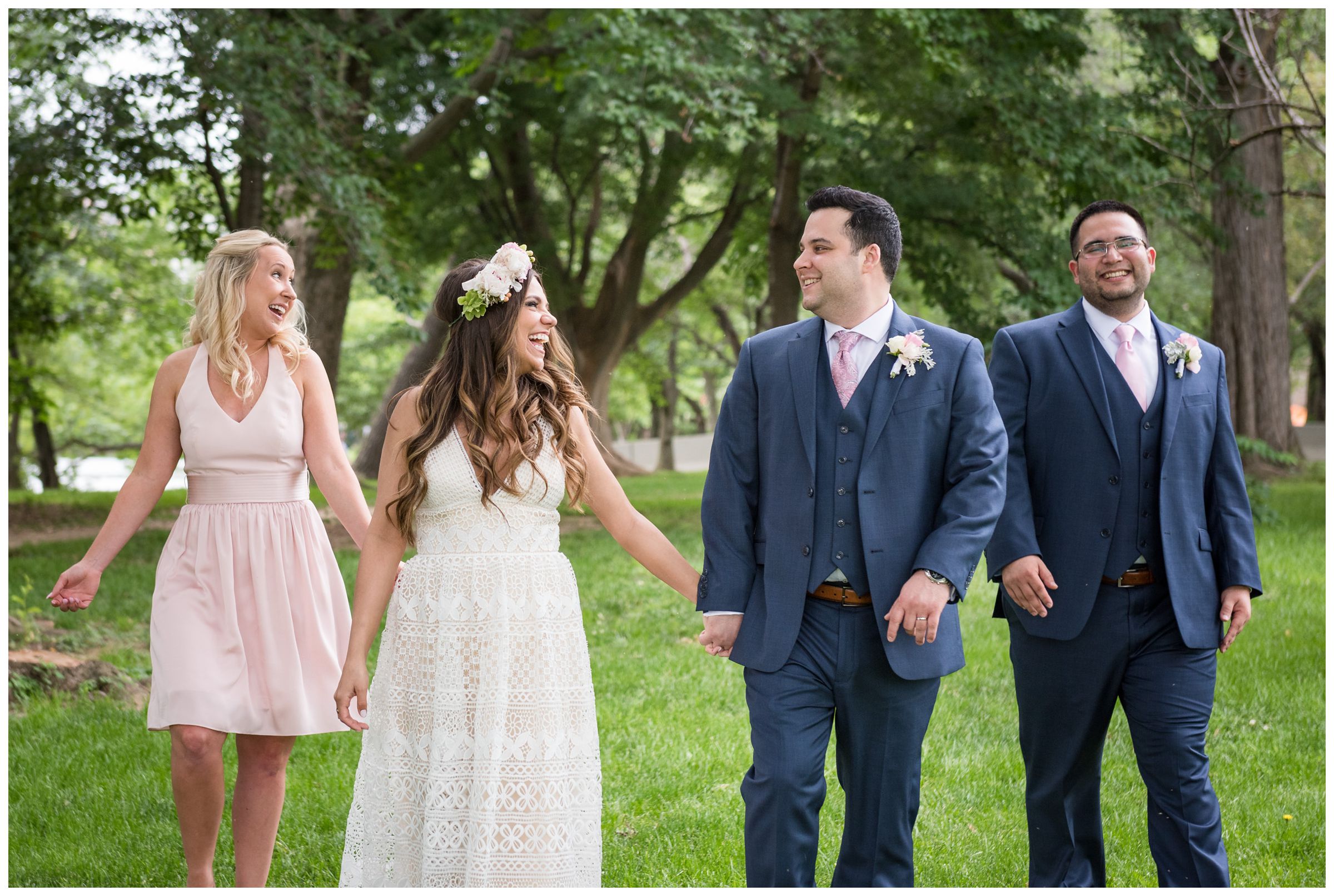 bridal party laughing on the National Mall during wedding day in downtown Washington, D.C.