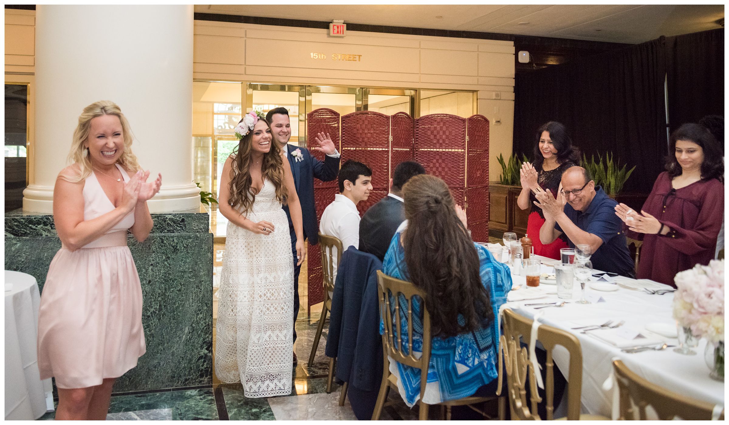 bride and groom making entrance during intimate wedding reception dinner at Old Ebbitt Grill in Washington, D.C.
