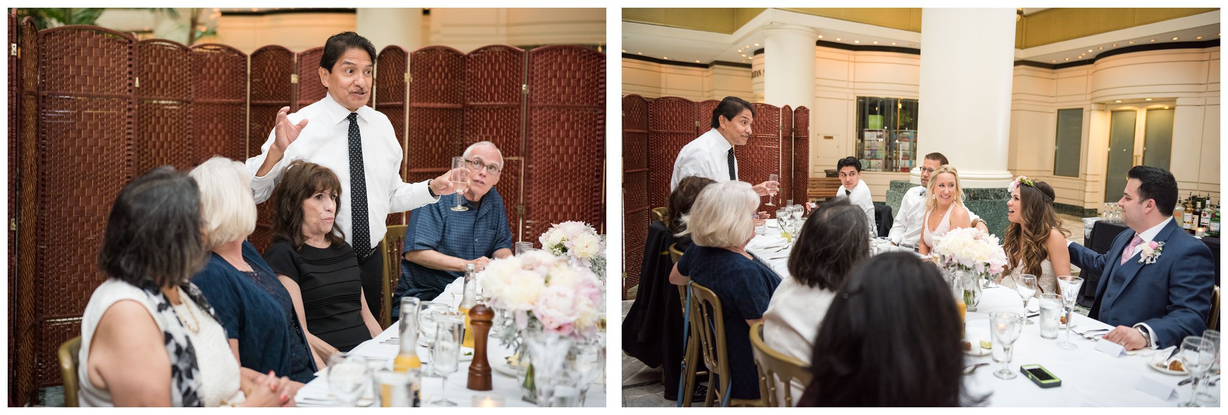 father of the bride giving toast during intimate wedding reception dinner at Old Ebbitt Grill in Washington, D.C.