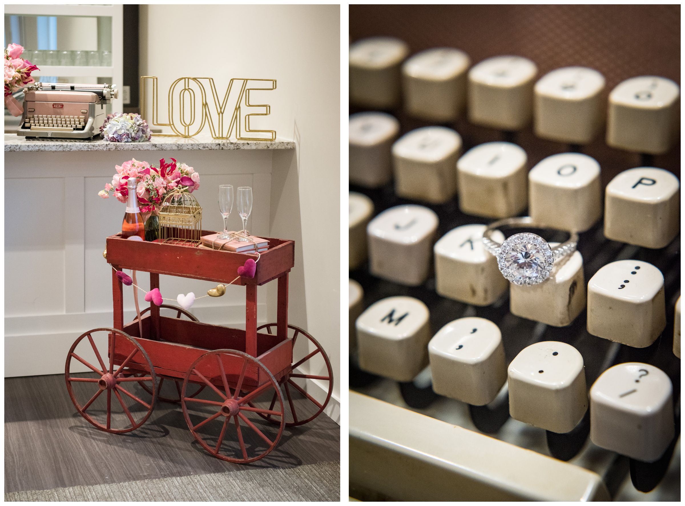 wedding bar cart and engagement ring on typewriter
