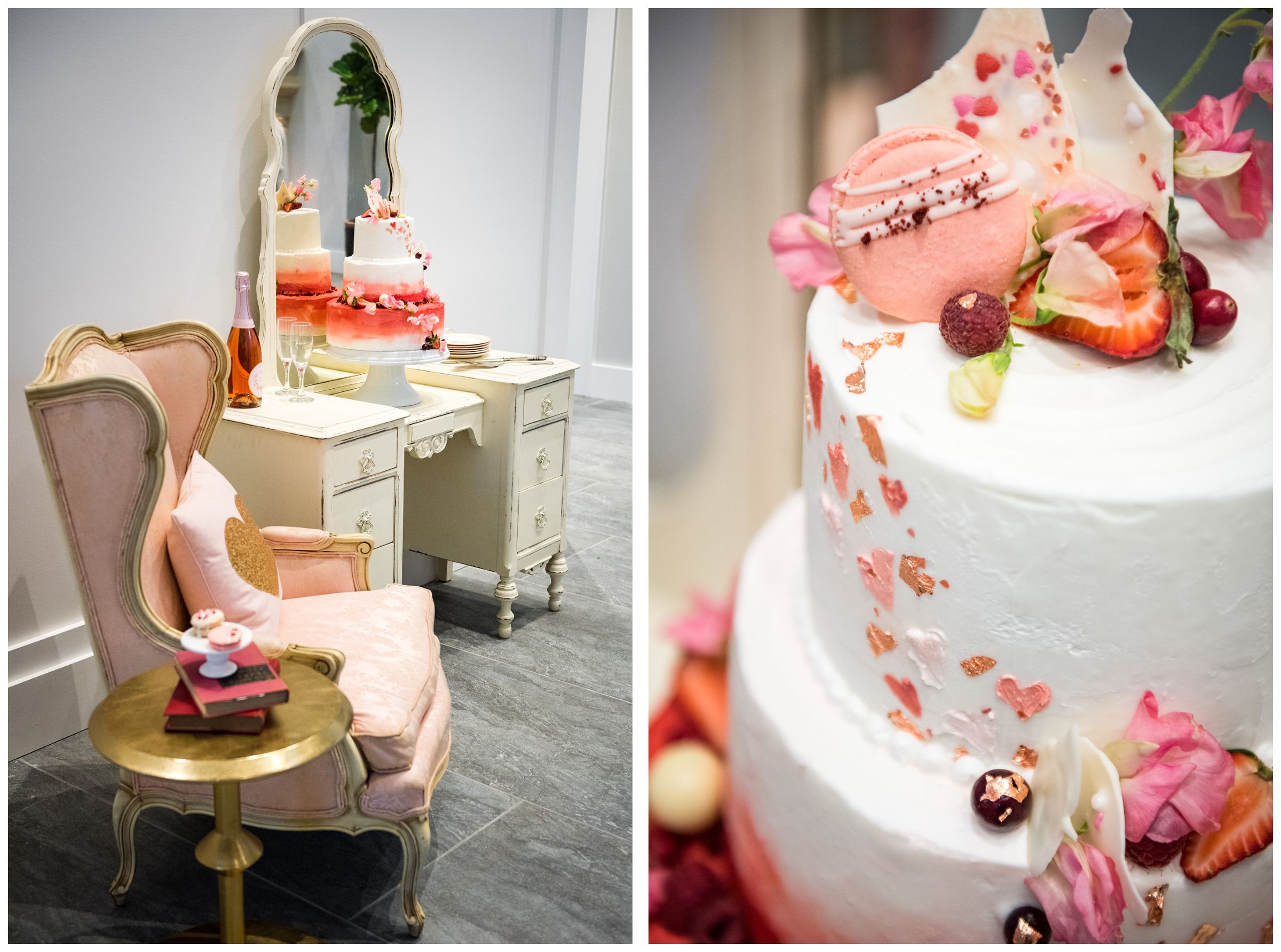 wedding cake with pink macaroons and fruit by Ovenbird Baking in Columbus, Ohio