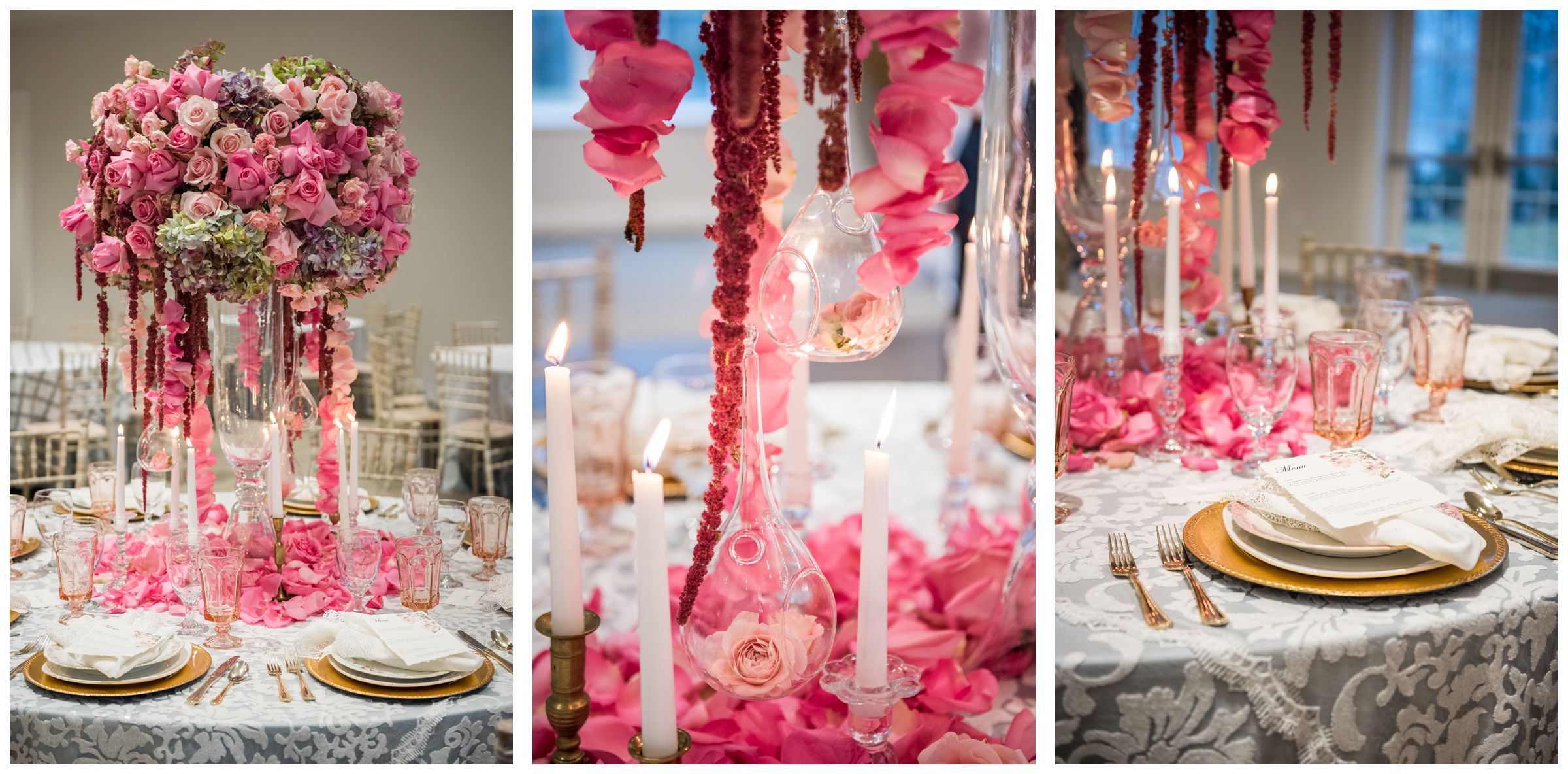 pink and red table scape wedding decor at The Estate at New Albany 