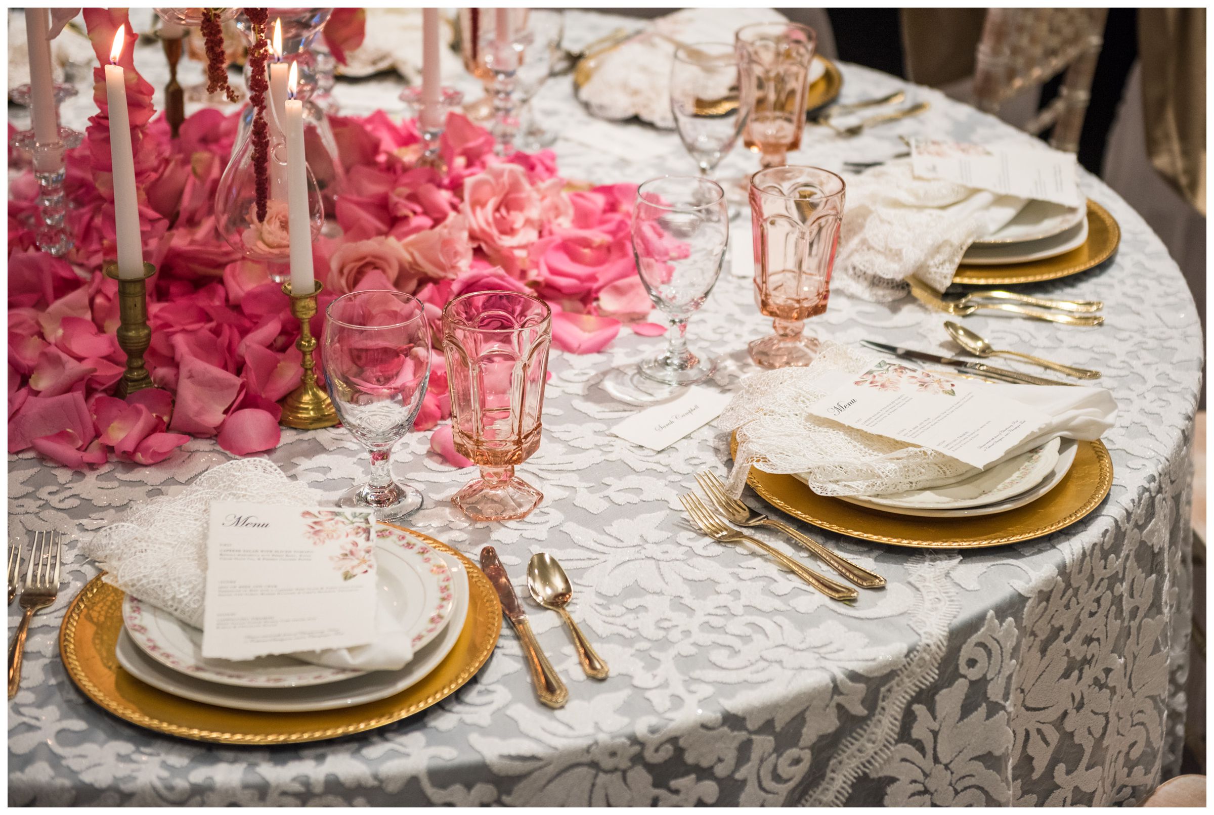 pink and red table scape wedding decor at The Estate at New Albany 