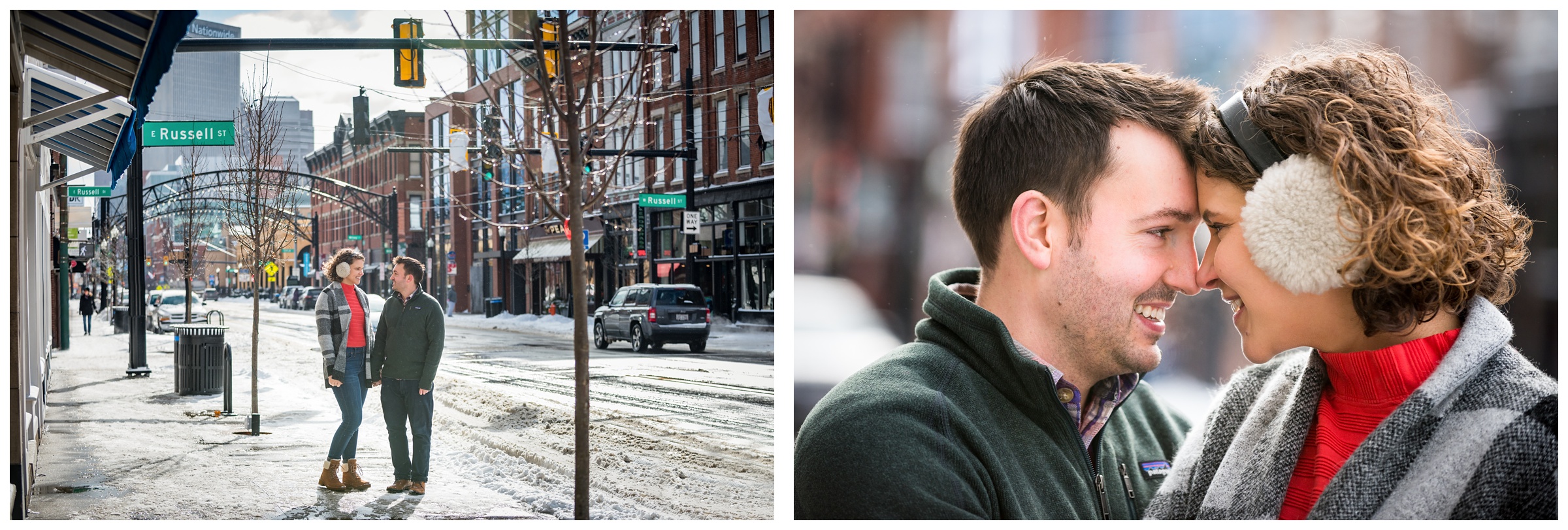 engaged couple on High Street in the Short North neighborhood of Columbus, Ohio during snowy winter engagement session
