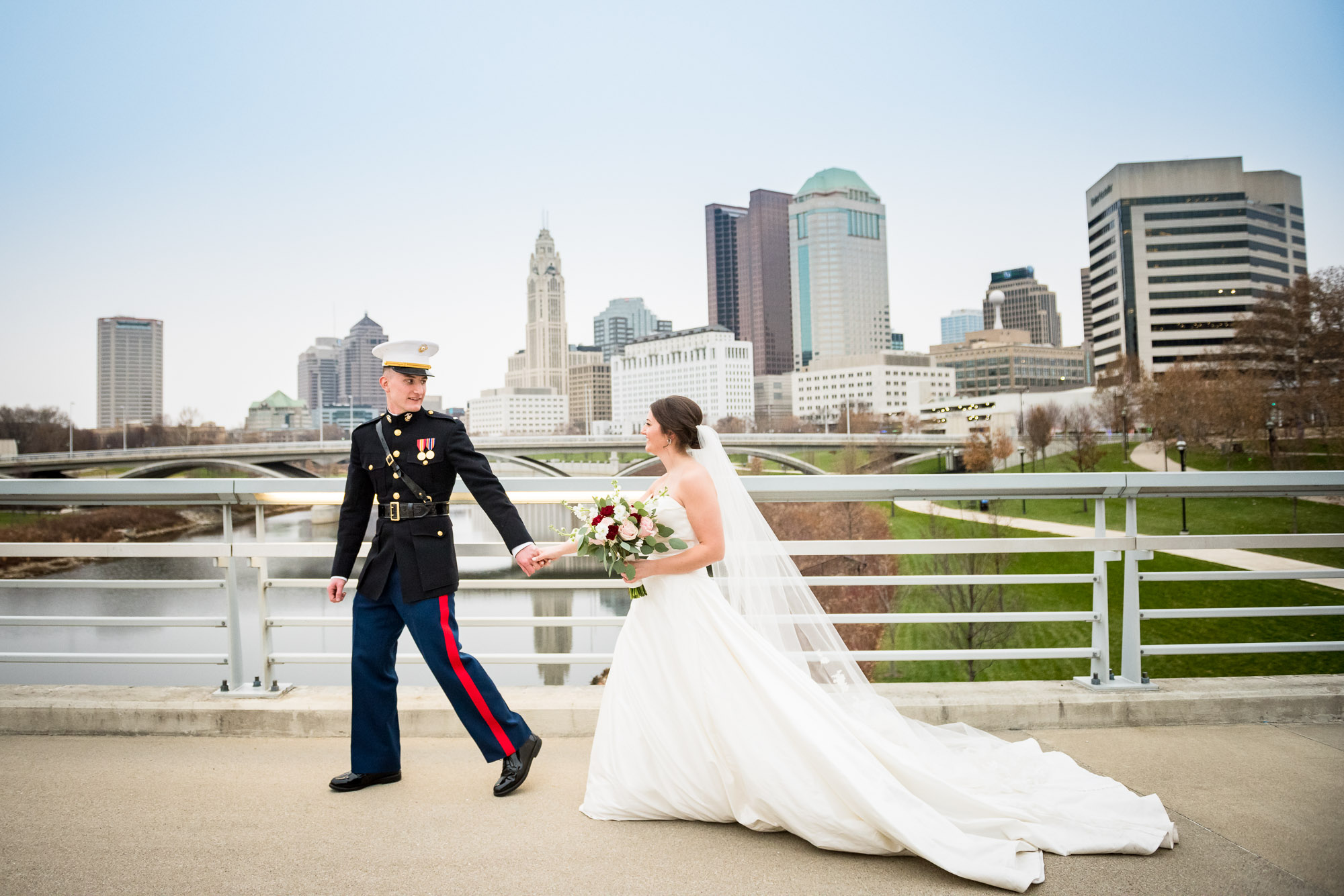 Columbus skyline wedding photography along Scioto Mile