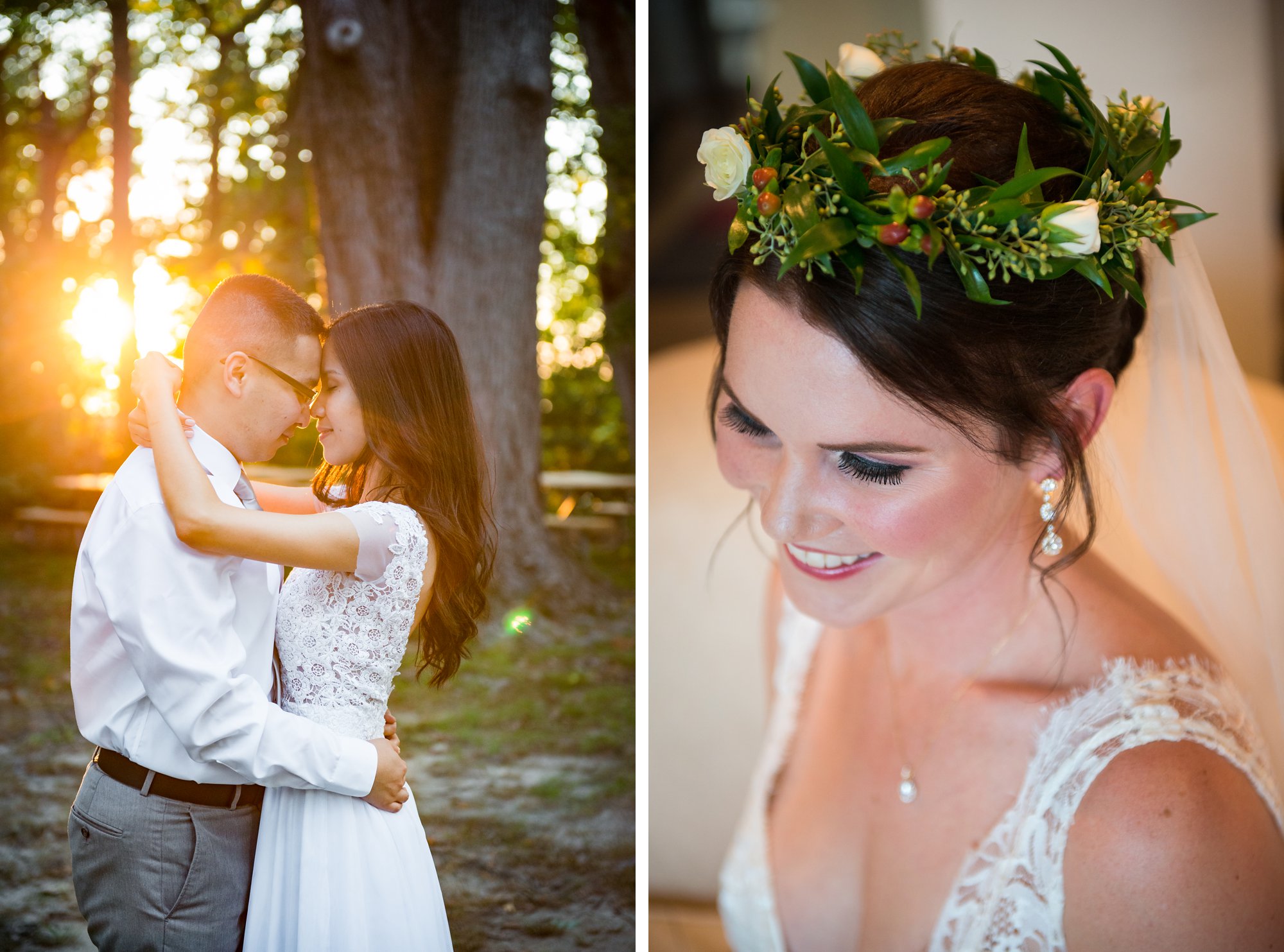 Asian bride and groom at sunset and bride with floral crown