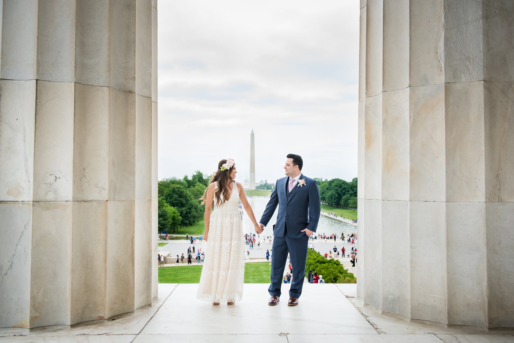 bride and groom at Lincoln Memorial and Washington Monument on the mall in Washington, D.C.