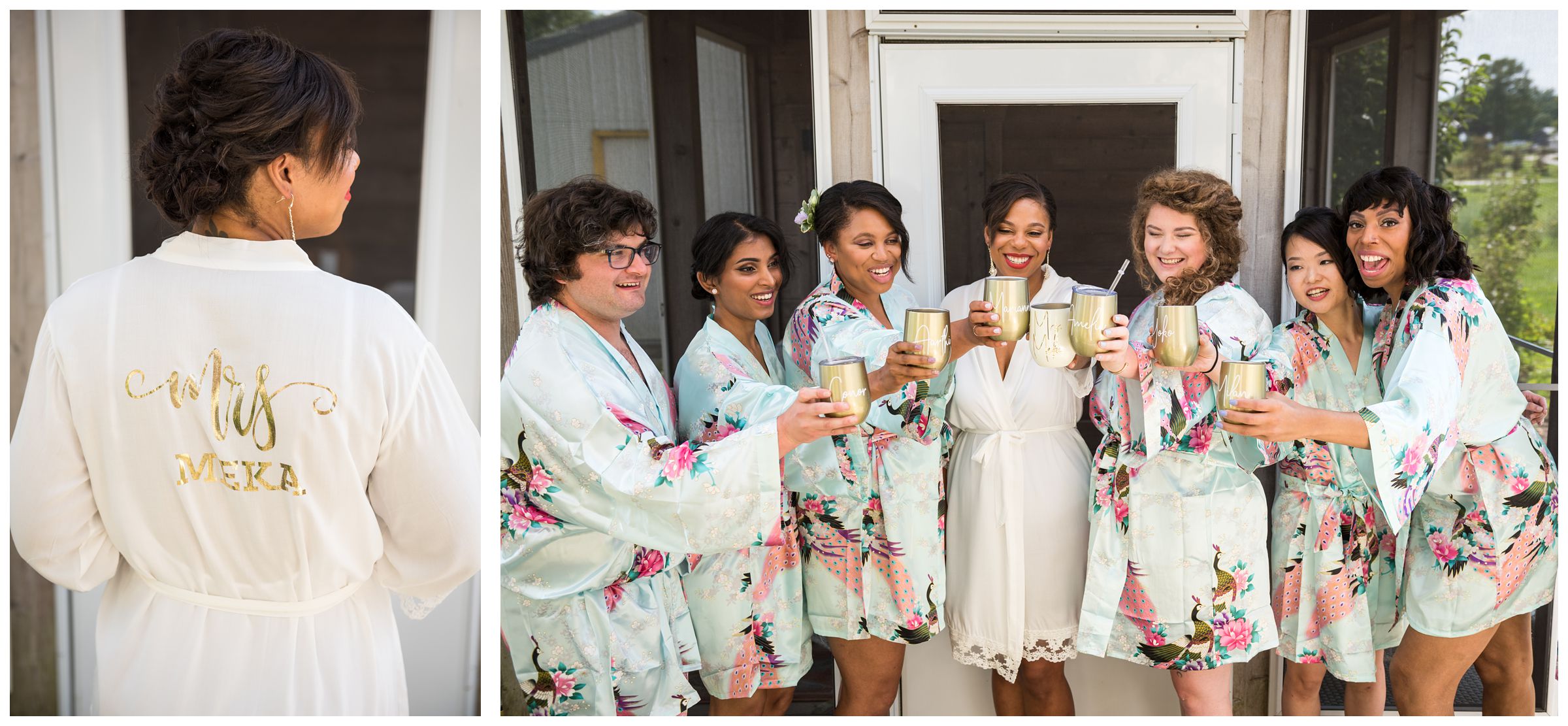 bridesmaids bridesman and bride in robes cheers with champagne
