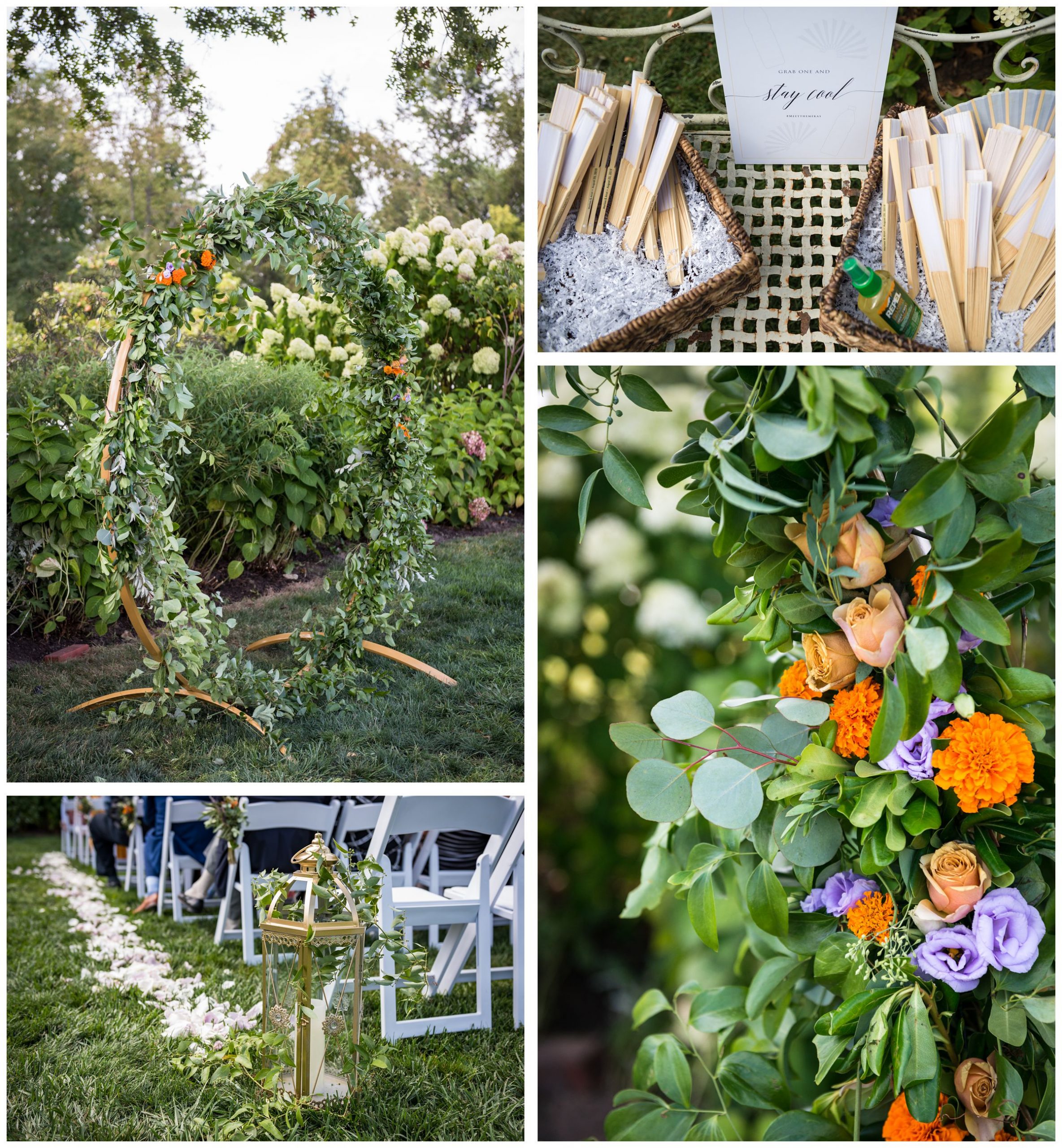 Indian wedding flower marigolds on floral moongate arch with greenery, gold lanterns, orange and purple flowers, and fans at summer wedding at Jorgensen Farms