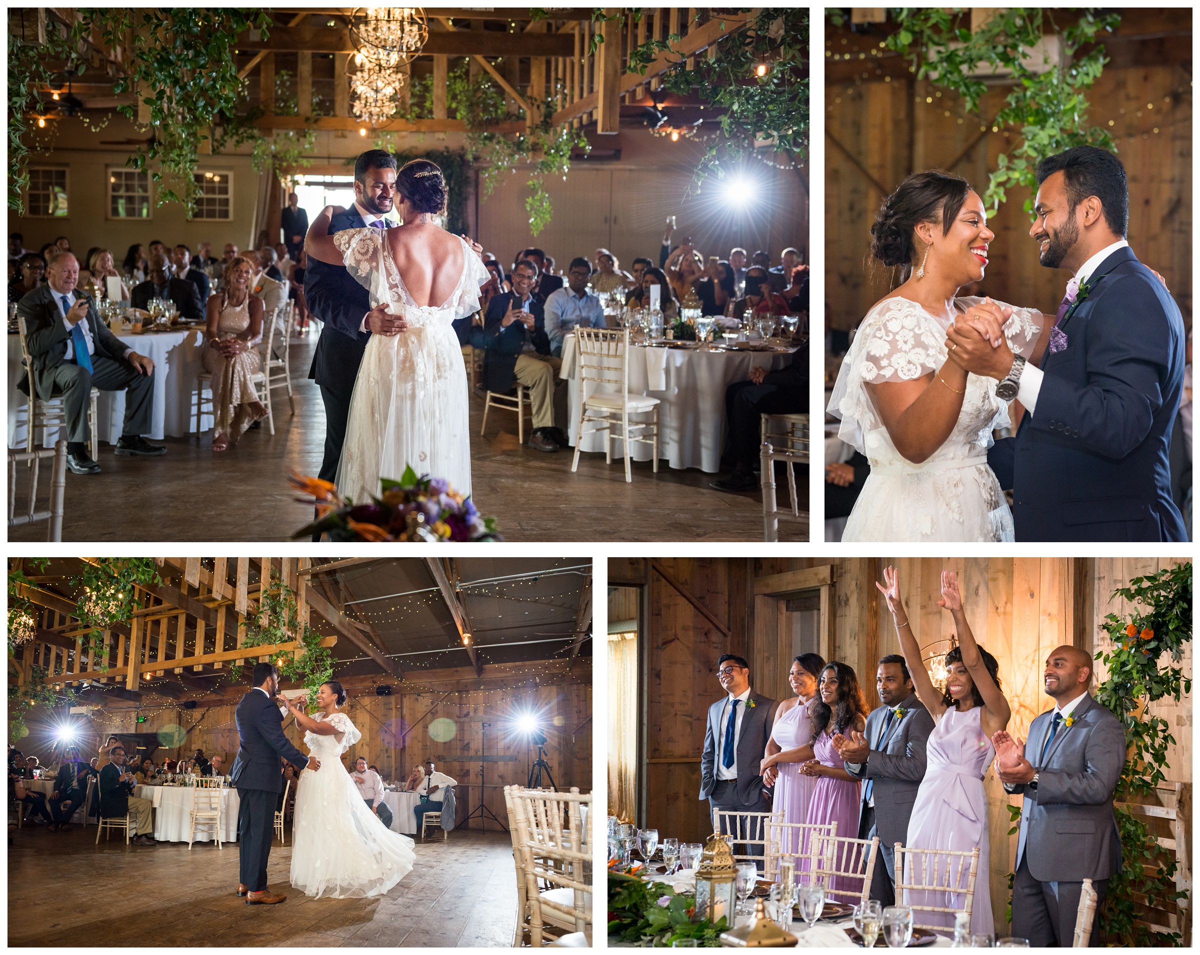 bride and groom first dance during rustic wedding reception at Jorgensen Farms in Columbus Ohio