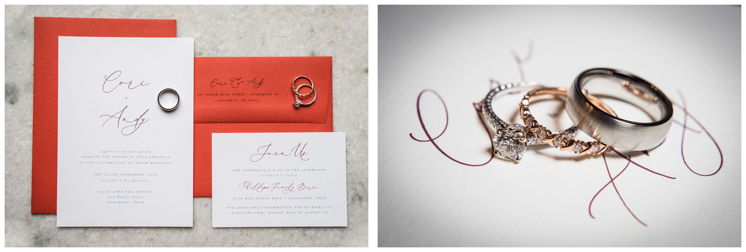wedding rings on red and white wedding invitation suite