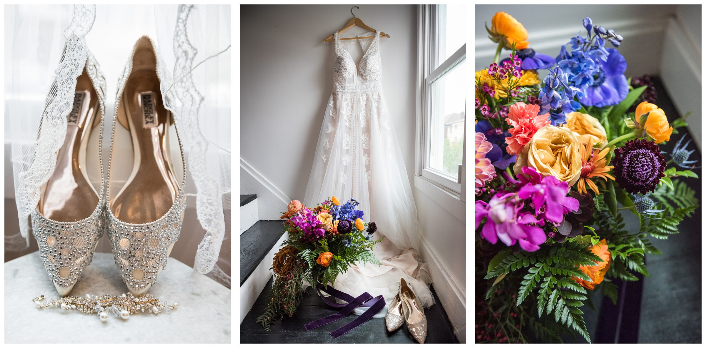 lace a-line wedding dress hanging on stairway by window with colorful jewel toned bouquet and bedazzled wedding flats