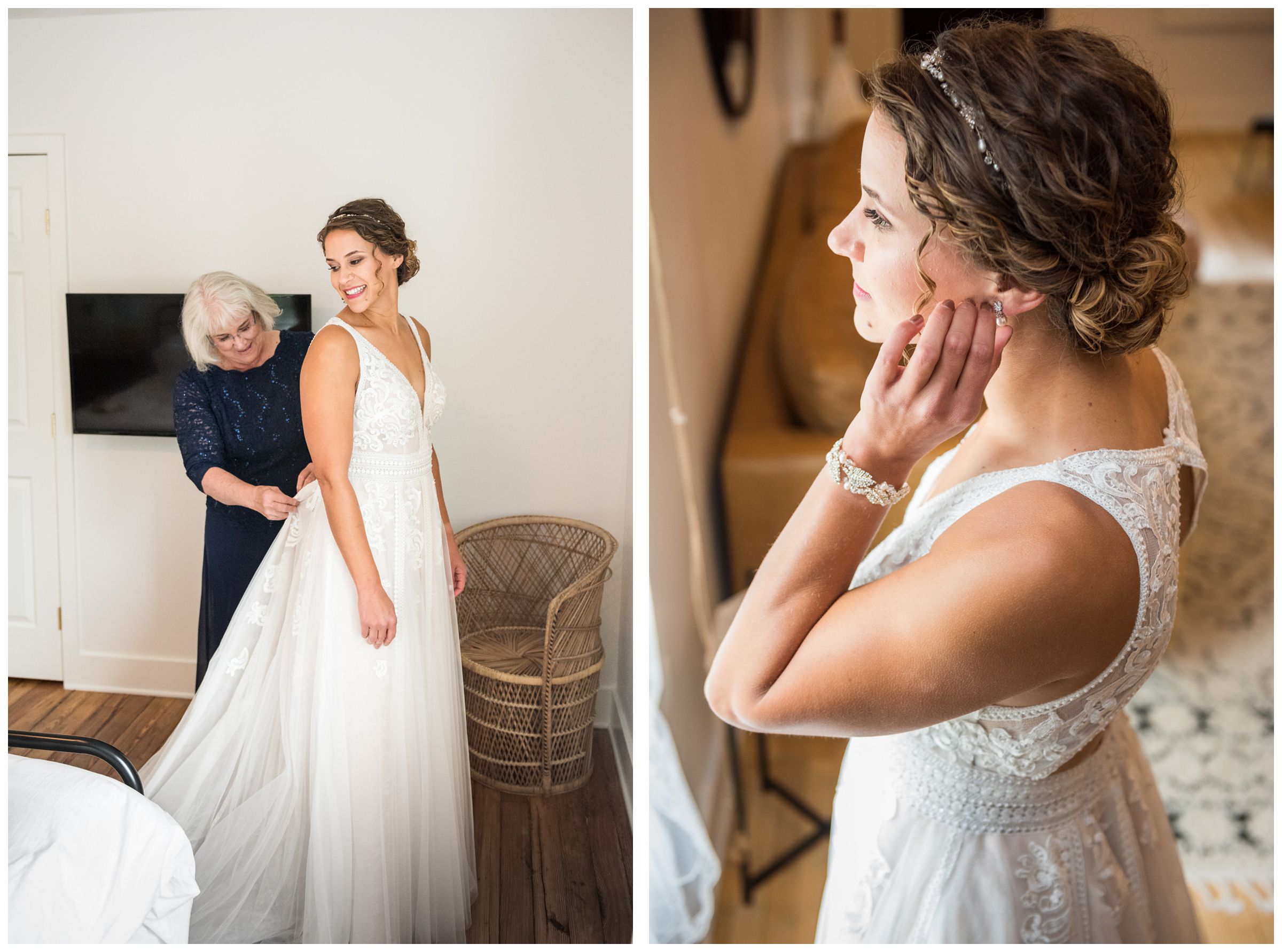 mother helping bride get ready before wedding in the Short North in Columbus Ohio