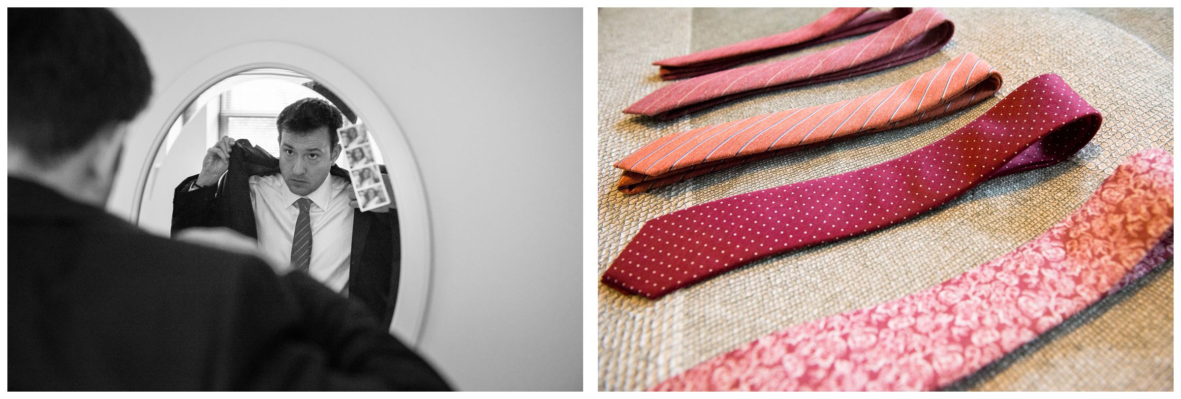 Groom gets dressed in mirror before wedding ceremony and red groomsmen ties on display