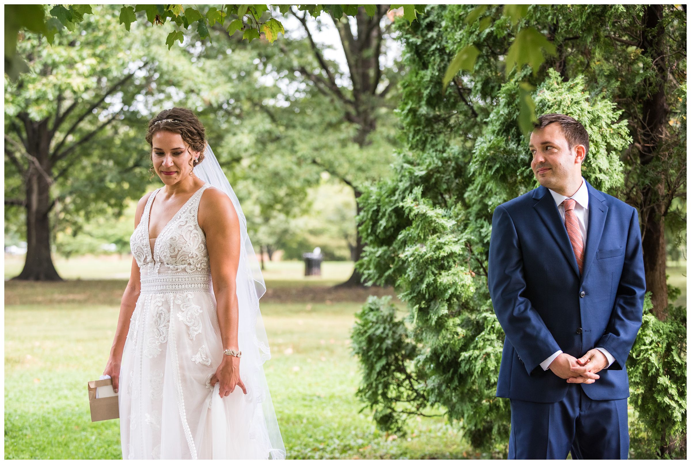 bride and groom first look at Goodale Park in the Short North captured by Columbus Ohio wedding photographer