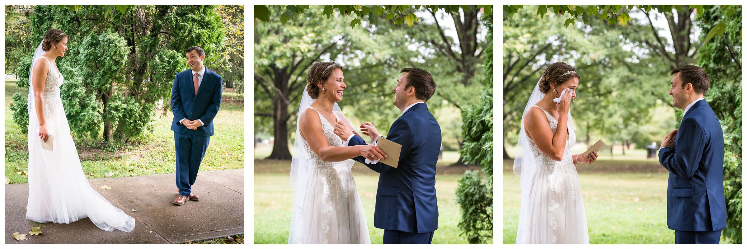 bride and groom reaction during first look at Goodale Park in the Short North neighborhood of Columbus Ohio