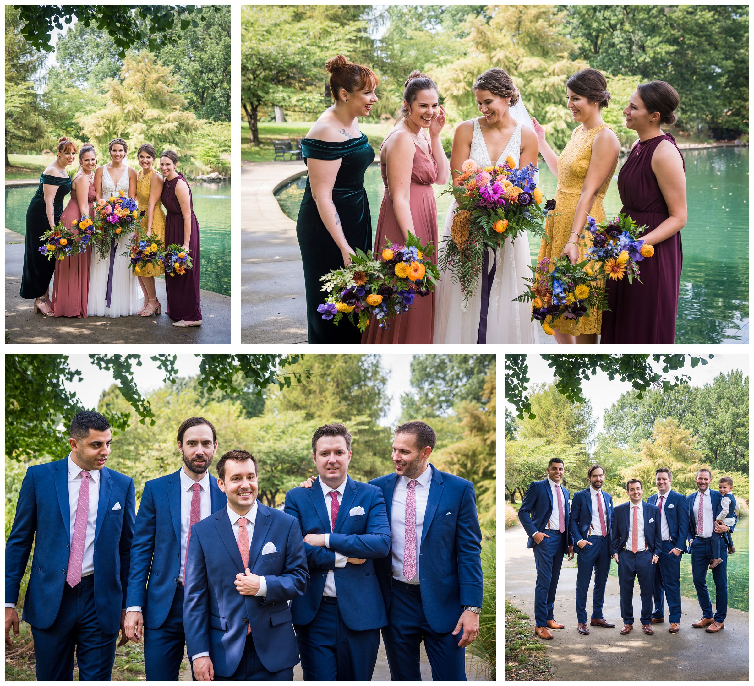 bridesmaids in fall colored dresses and groomsmen in blue suits with red ties during wedding photos at Goodale Park Columbus