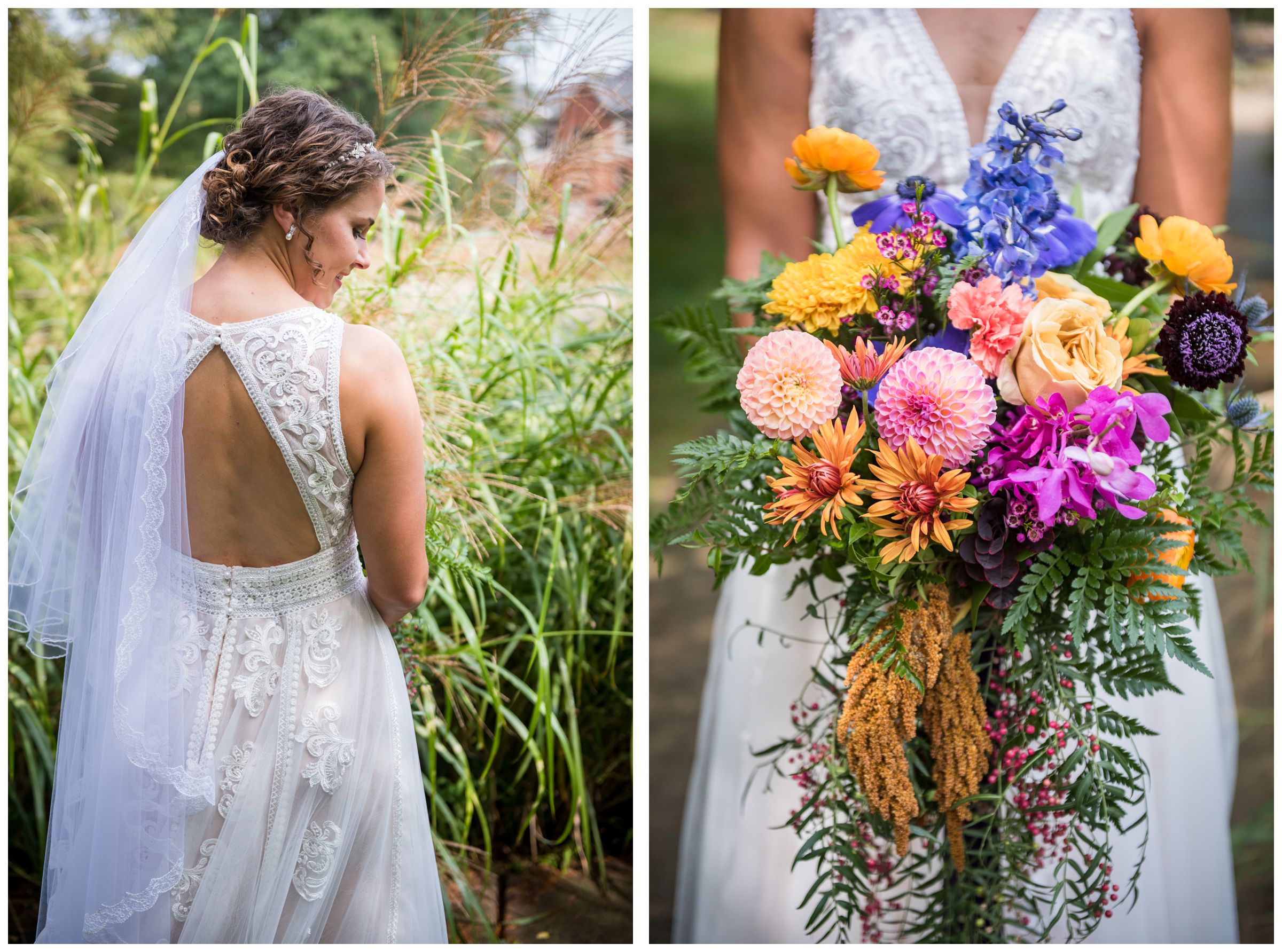 bride with open back lace wedding dress and jewel-toned colorful bouquet