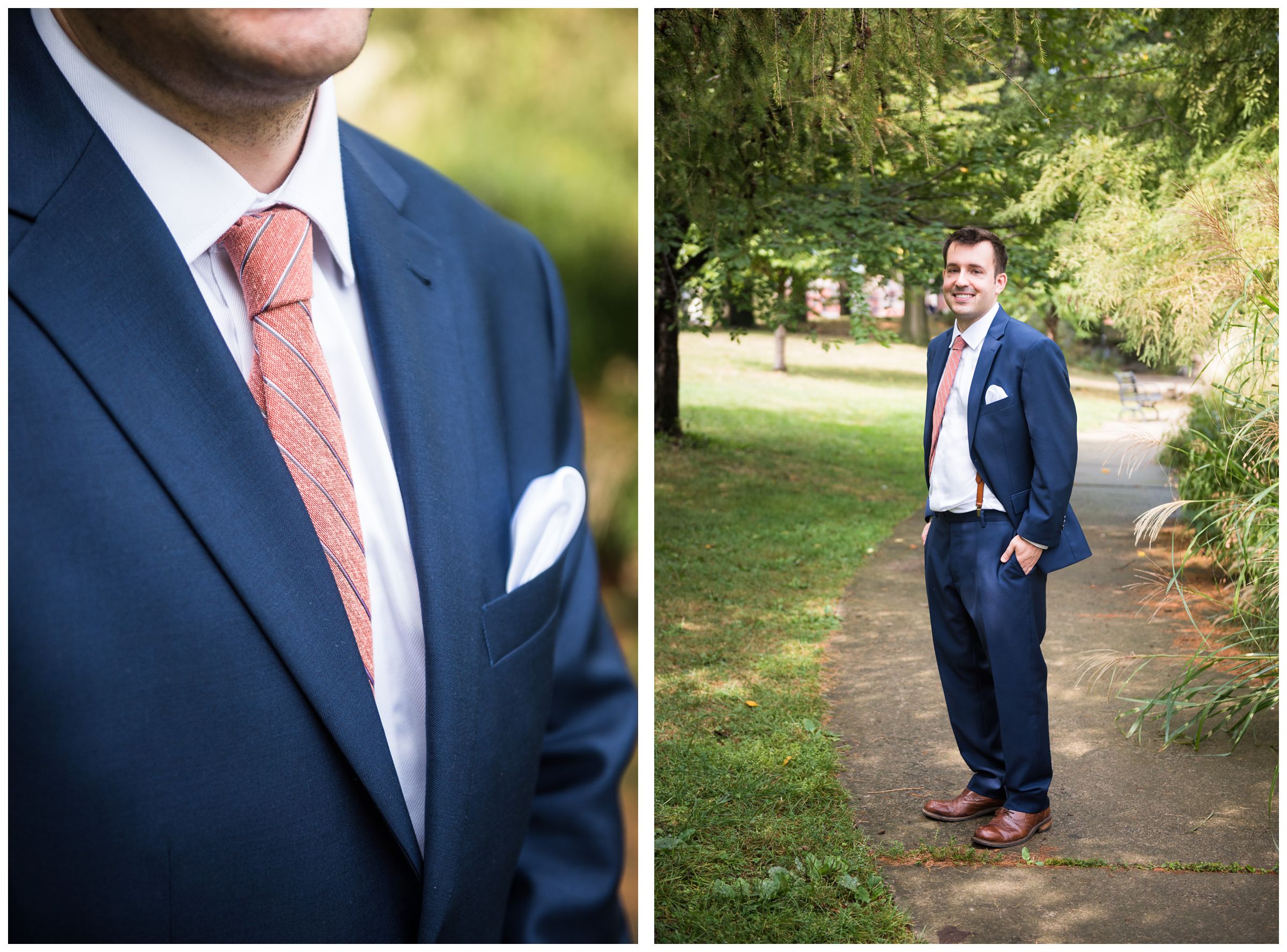 groom wearing navy blue suit, suspenders, brown shoes, and coral red tie on wedding day