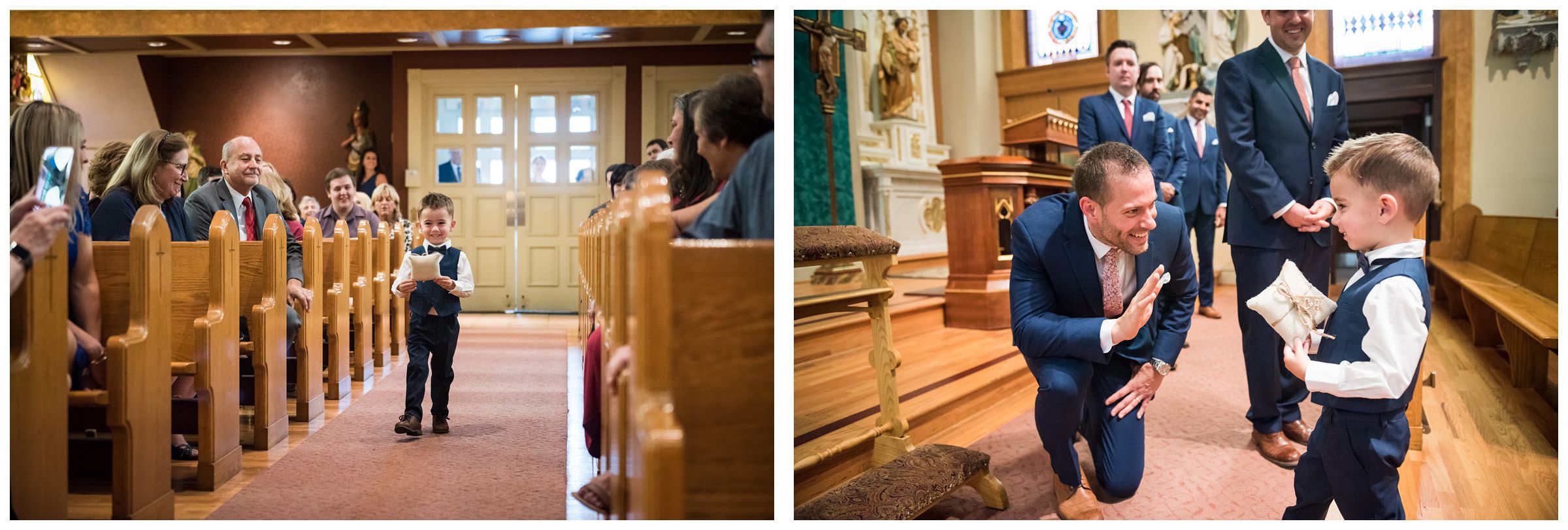 ring bearer walking down the aisle during wedding ceremony at St. John the Baptist Catholic Church in Columbus, Ohio