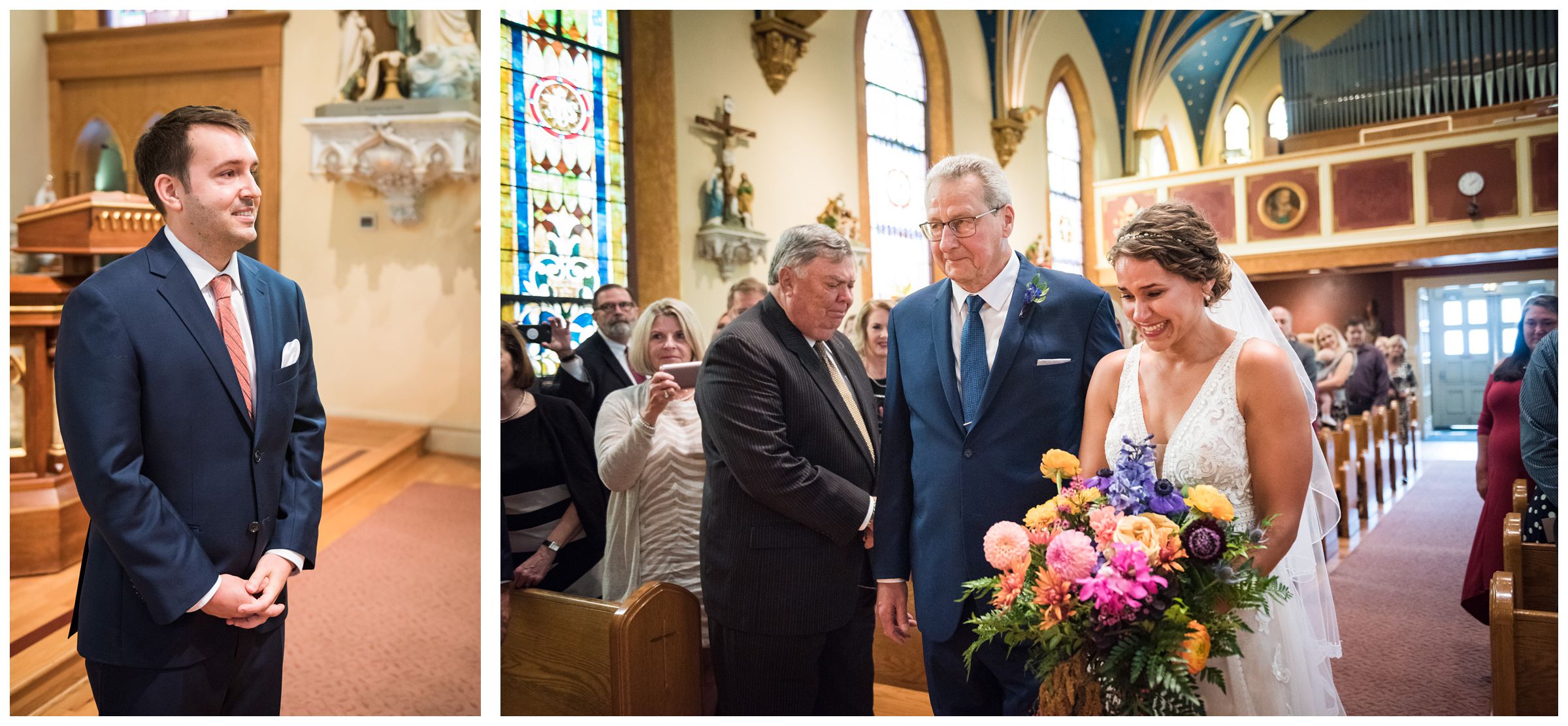 bride walking down the aisle and groom's reaction during wedding ceremony at St. John the Baptist Catholic Church in Columbus, Ohio