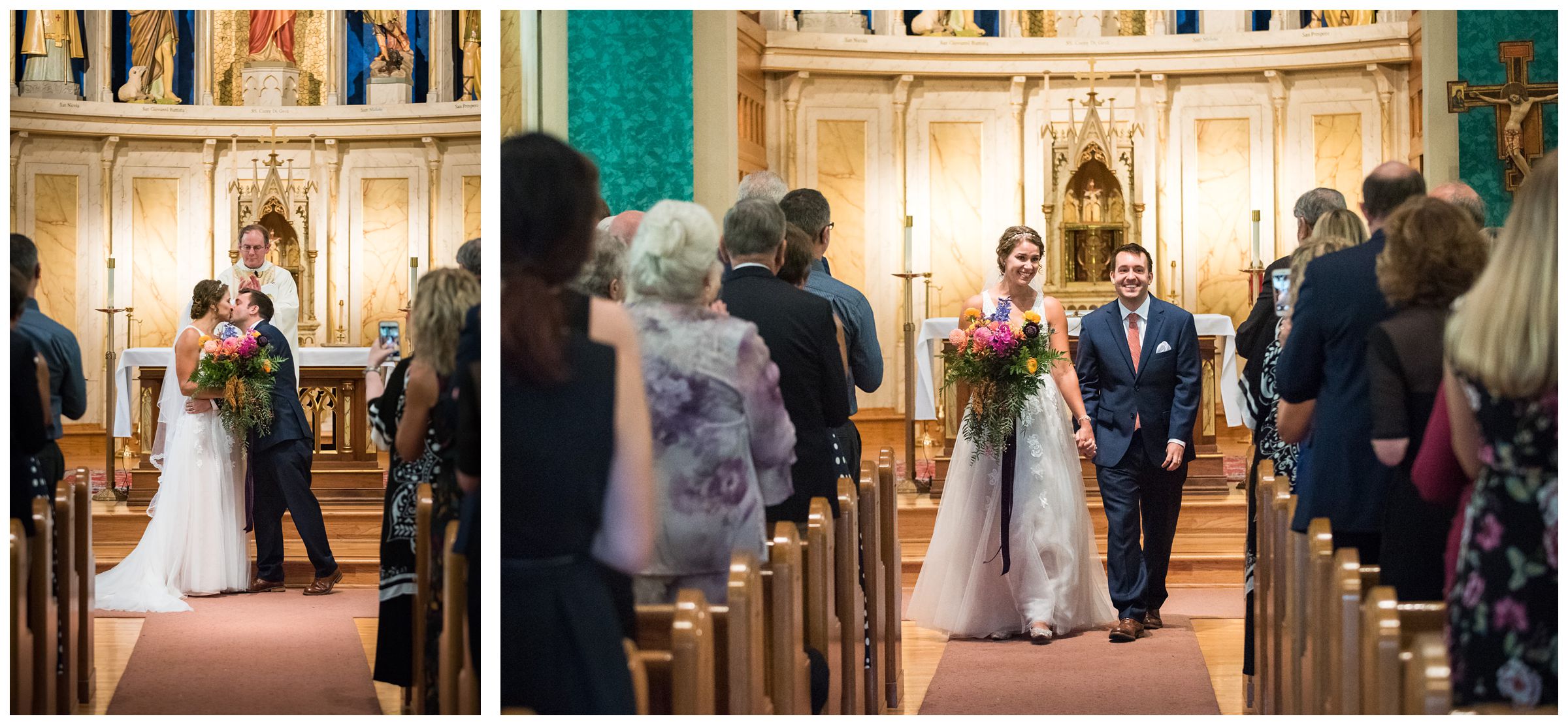 indoor wedding ceremony first kiss and recessional at St. John the Baptist Catholic Church in the Short North in Columbus, Ohio