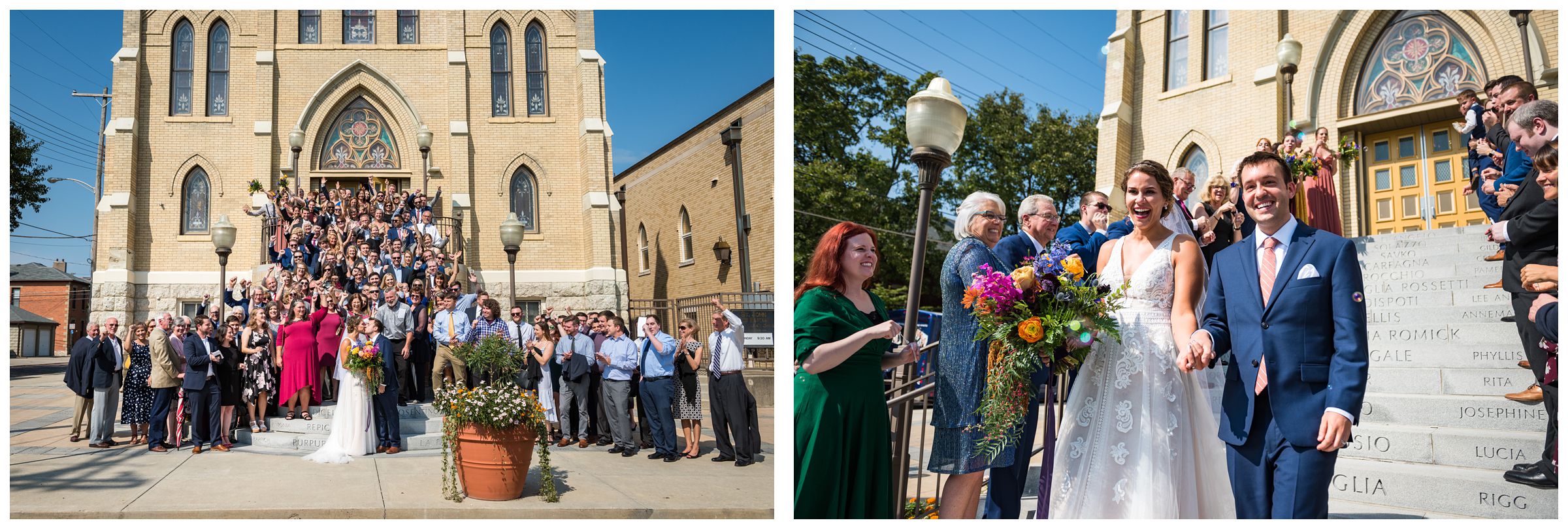 bubble exit and group photo on stairs after wedding ceremony at St. John the Baptist Catholic Church in Columbus, Ohio