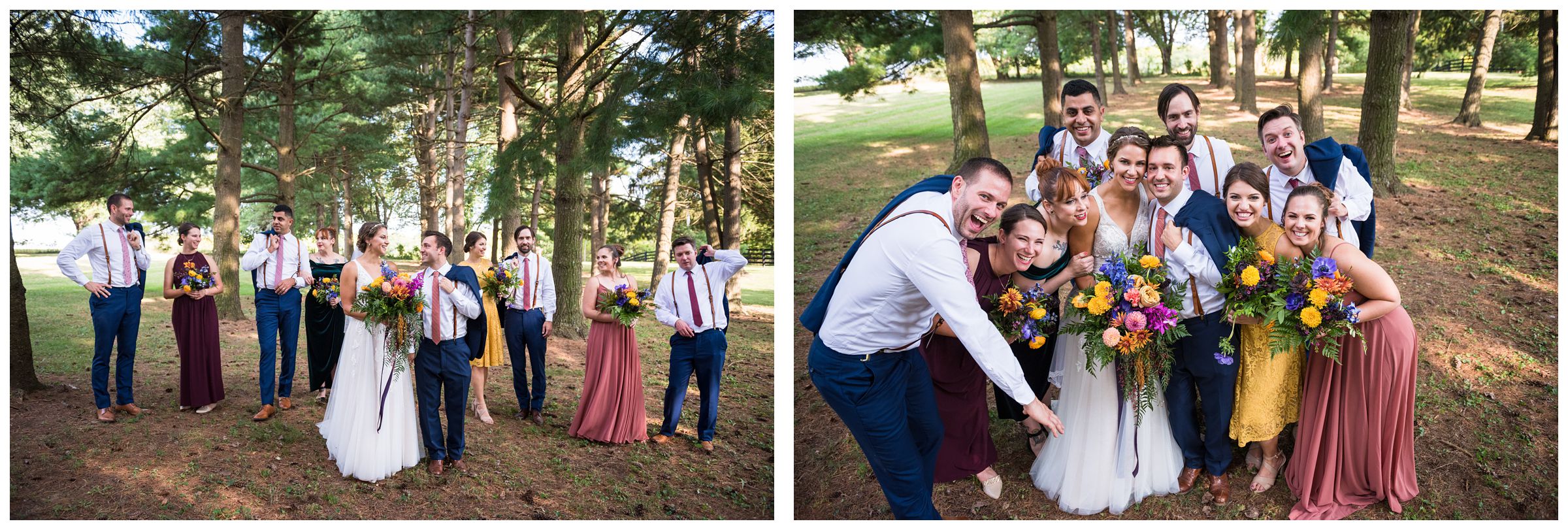 wedding party in fall colors under pine tree forest during rustic farm wedding in Lancaster, Ohio
