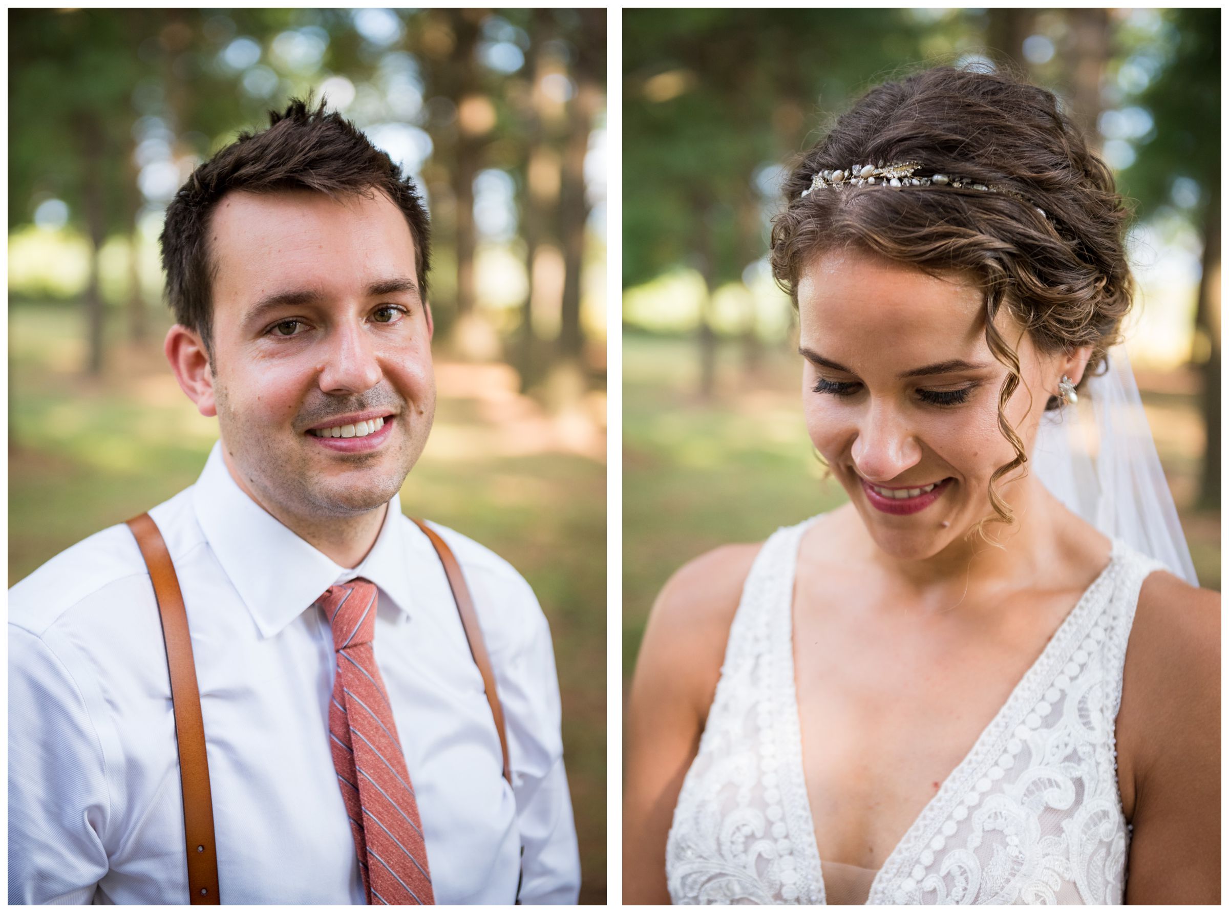 bride and groom wedding portraits under pine tree forest during rustic barn wedding in Lancaster, Ohio