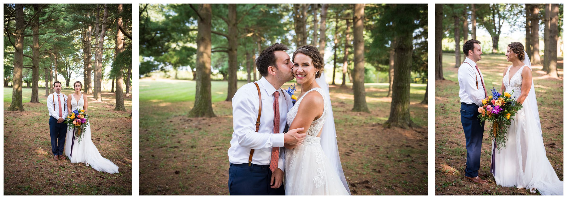bride and groom wedding photos under pine tree forest during rustic Lancaster barn wedding
