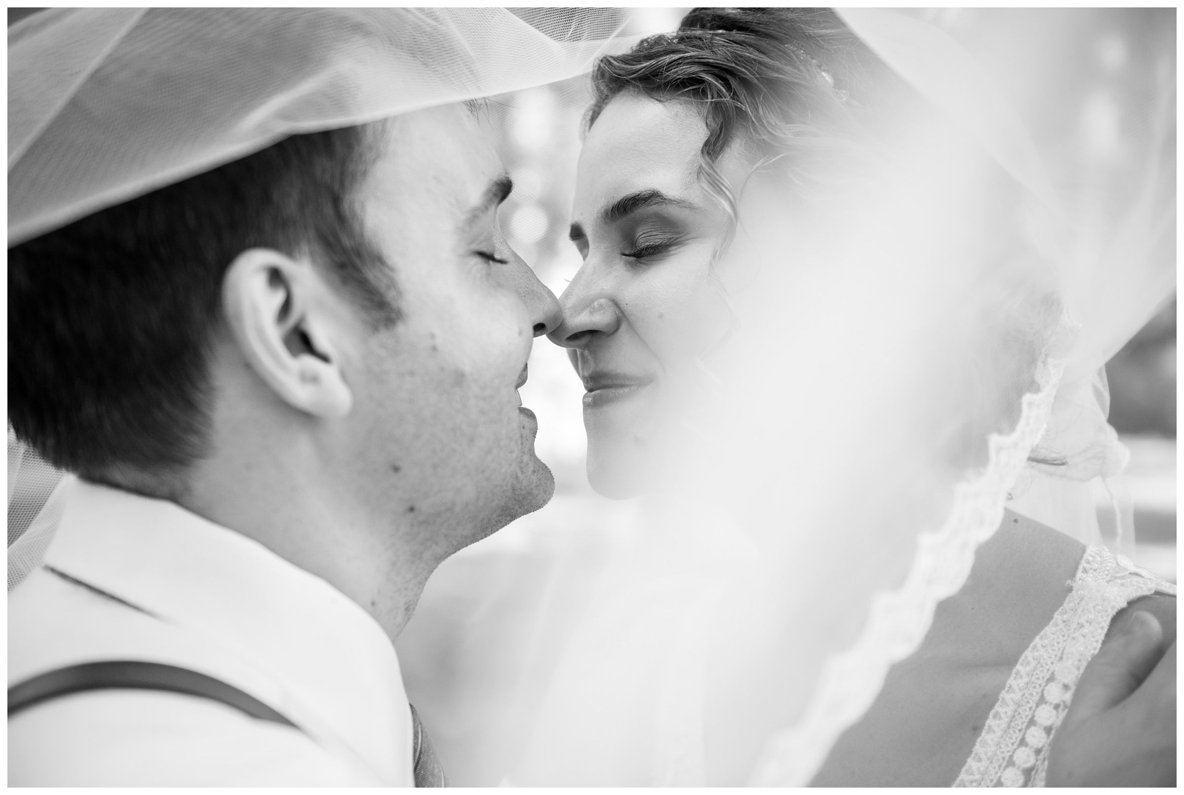 bride and groom black and white wedding photo under veil during rustic barn wedding in Lancaster, Ohio