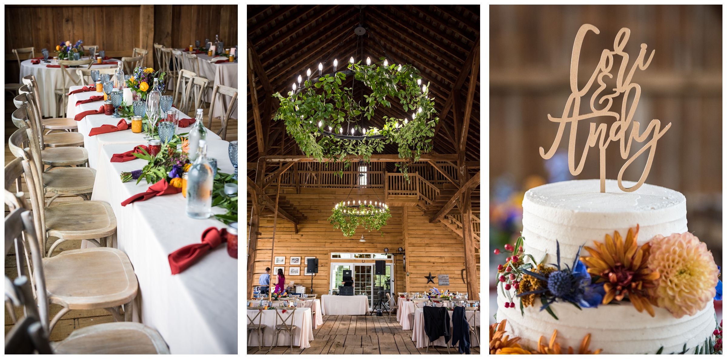 rustic barn wedding reception with greenery at family farm in Lancaster, Ohio