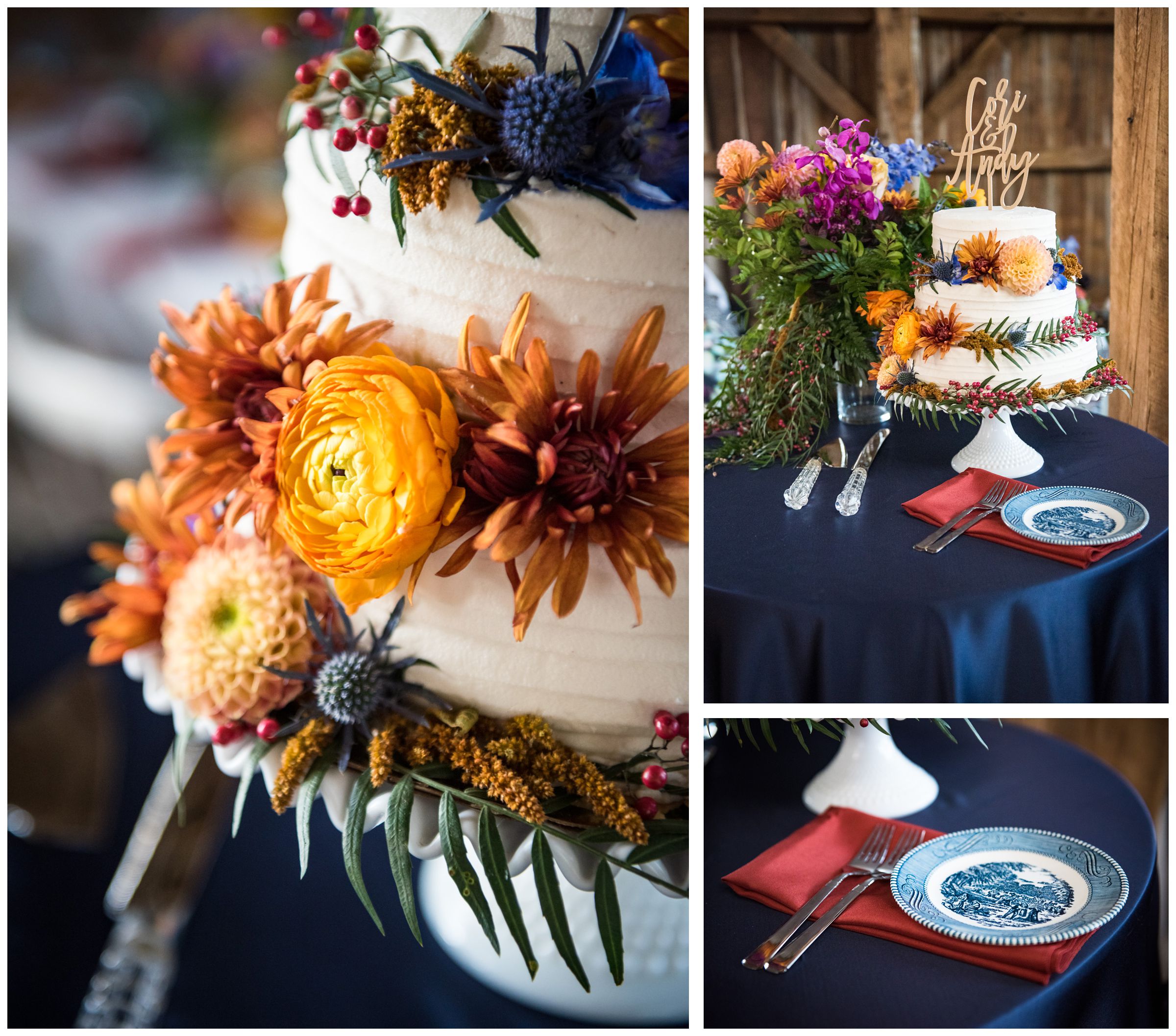 cake with fall jewel-toned flowers and vintage plates during rustic barn wedding reception in Lancaster, Ohio