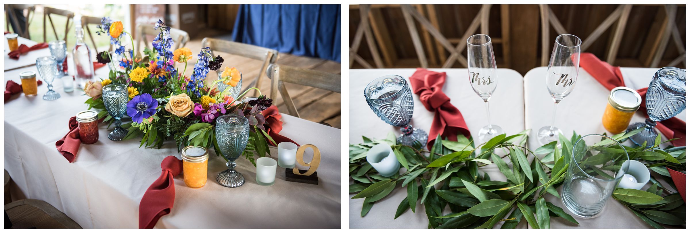 rustic Lancaster barn wedding reception with greenery and fall colors at family farm in central Ohio