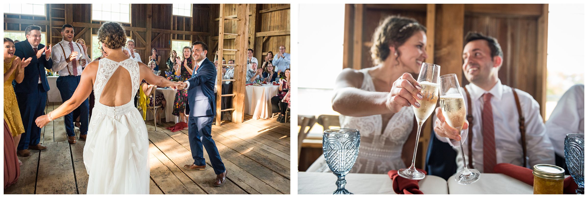 bride and groom entering rustic barn wedding reception in Lancaster Ohio