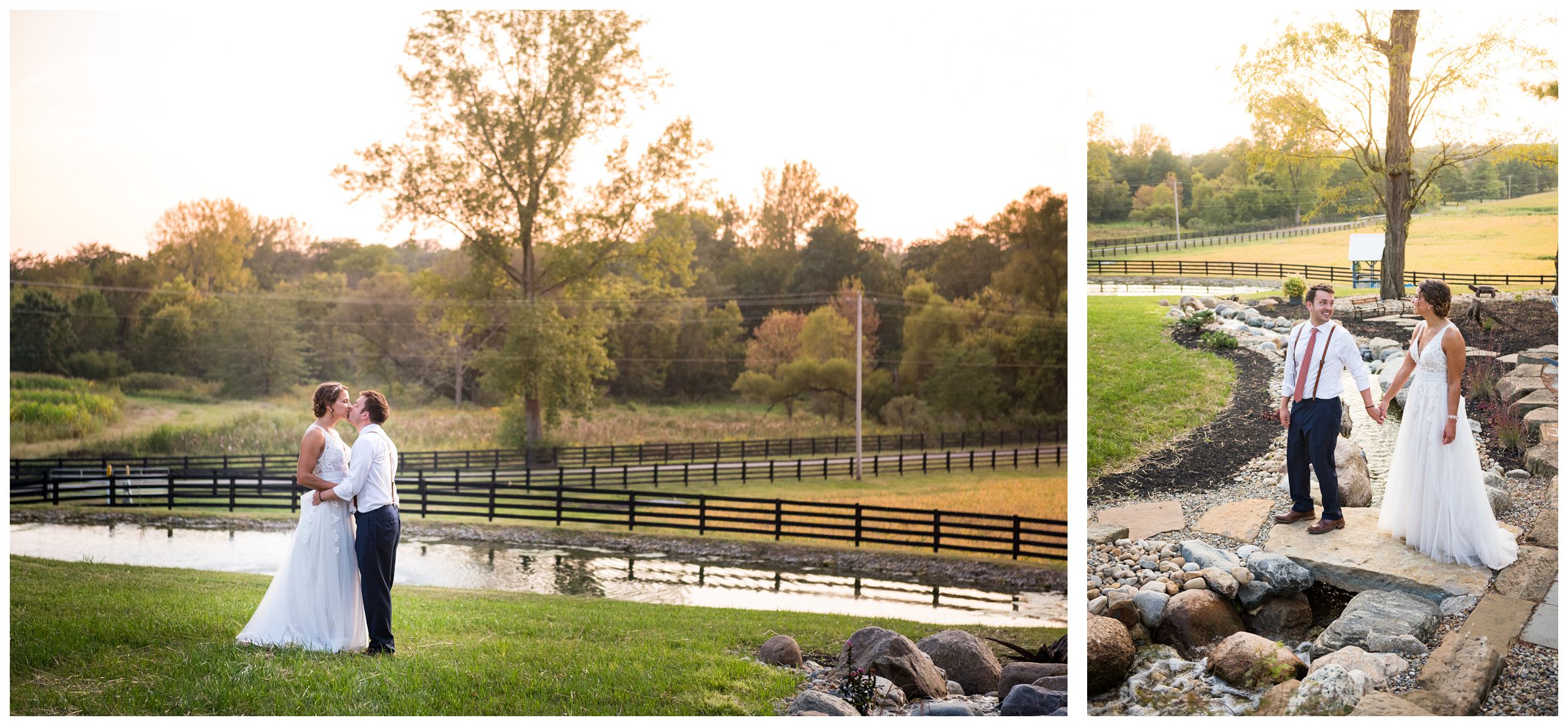 sunset wedding portraits during rustic farm wedding captured by Lancaster Ohio wedding photographer